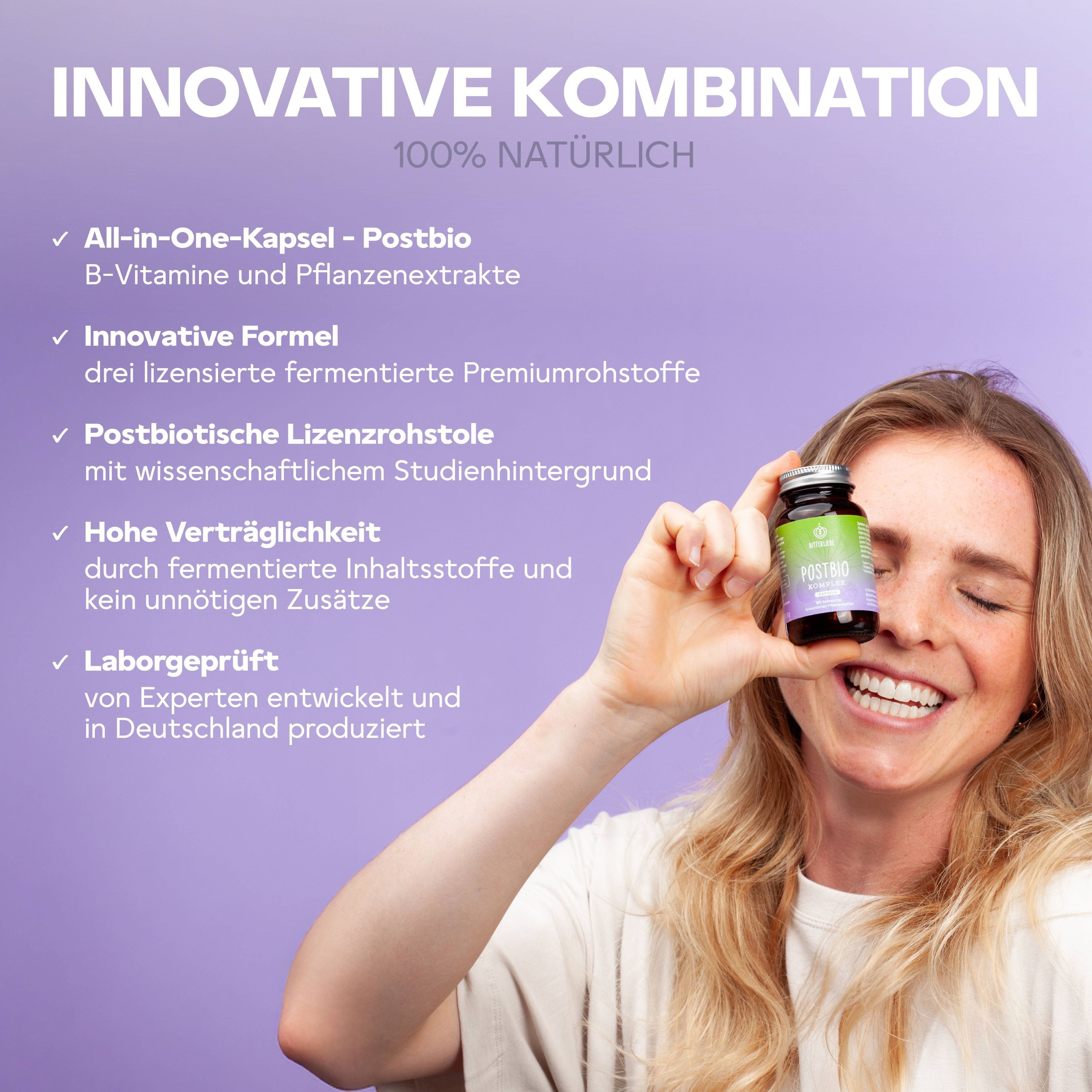 Frau hält eine Flasche "BitterLiebe Postbio". Text: Innovative Kombination, All-in-One-Kapsel, innovative Formel, hohe Verträglichkeit, laborgeprüft.