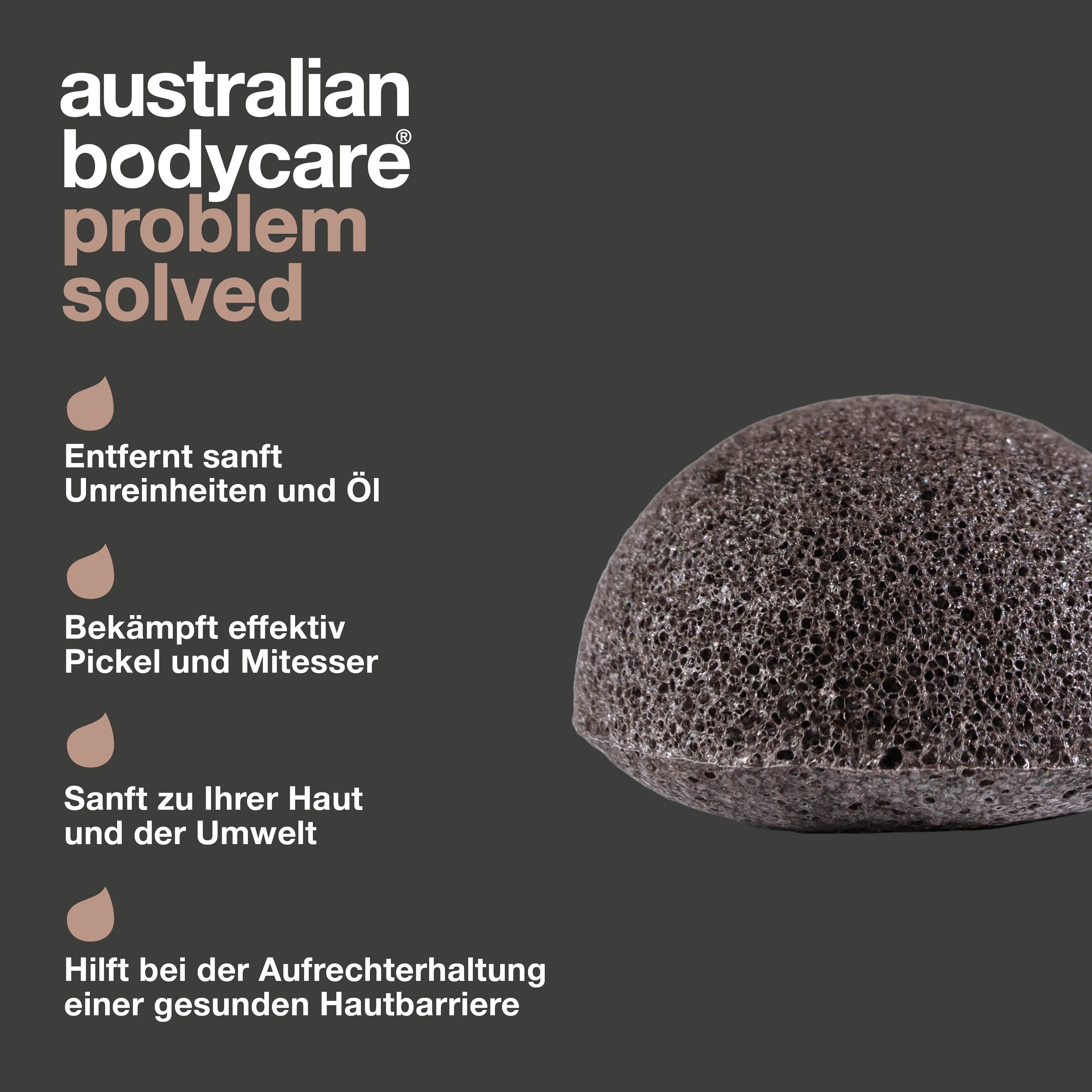 Konjac-Schwamm neben Text. Australian Bodycare. Problem gelöst. Entfernt Unreinheiten und Öl. Bekämpft Pickel.