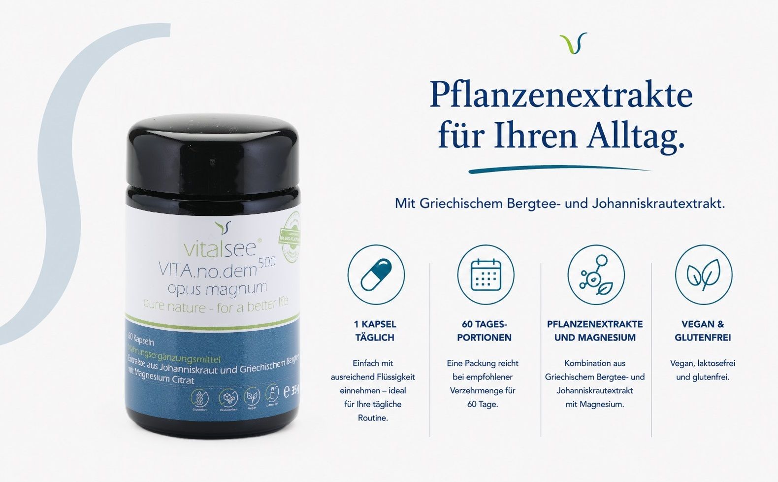 Vitalsee VITA.no.dem 500 opus magnum Kapseldose neben Infografiken.