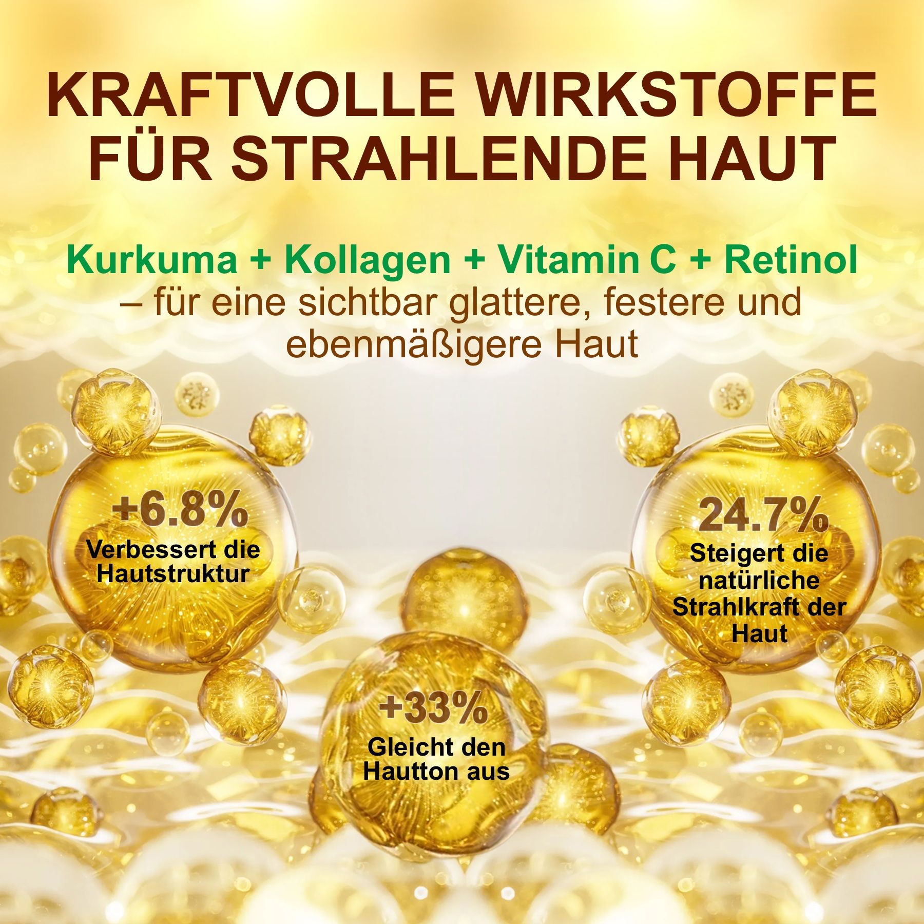Grafik mit gelben Tropfen und Kreisen. Text: Kurkuma + Kollagen + Vitamin C + Retinol. Verbessert Hautstruktur, gleicht Hautton aus, erhöht Strahlkraft.