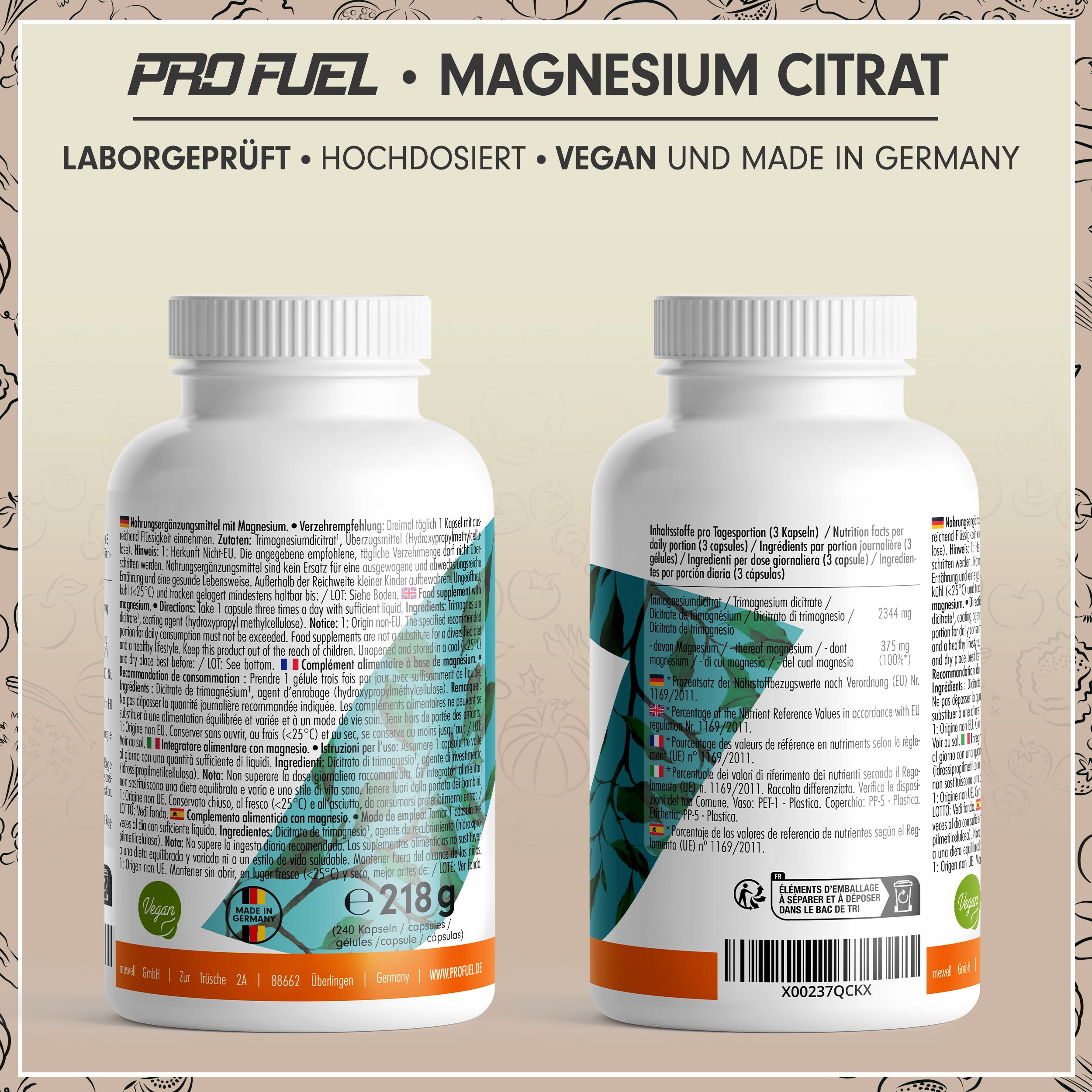Zwei Seiten einer weißen Flasche mit orangefarbenem Etikett. Aufschrift: Magnesium Citrat Kapseln.  Rückseite: Inhaltsstoffe, Gebrauchsanweisung, Herstellerinformationen.