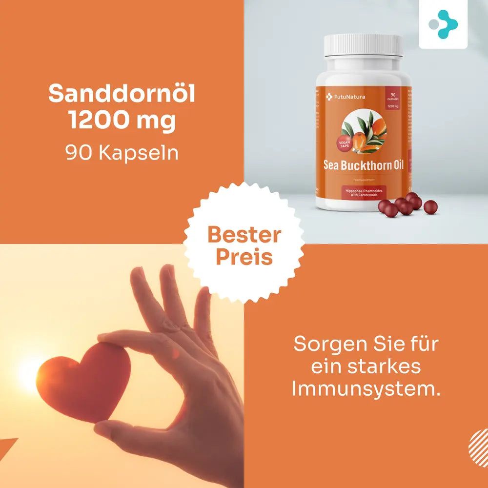Flasche Sanddornöl 1200 mg und Kapseln. Text: Sanddornöl 1200 mg, 90 Kapseln. Hand hält Herz. Text: Sorgen Sie für ein starkes Immunsystem.