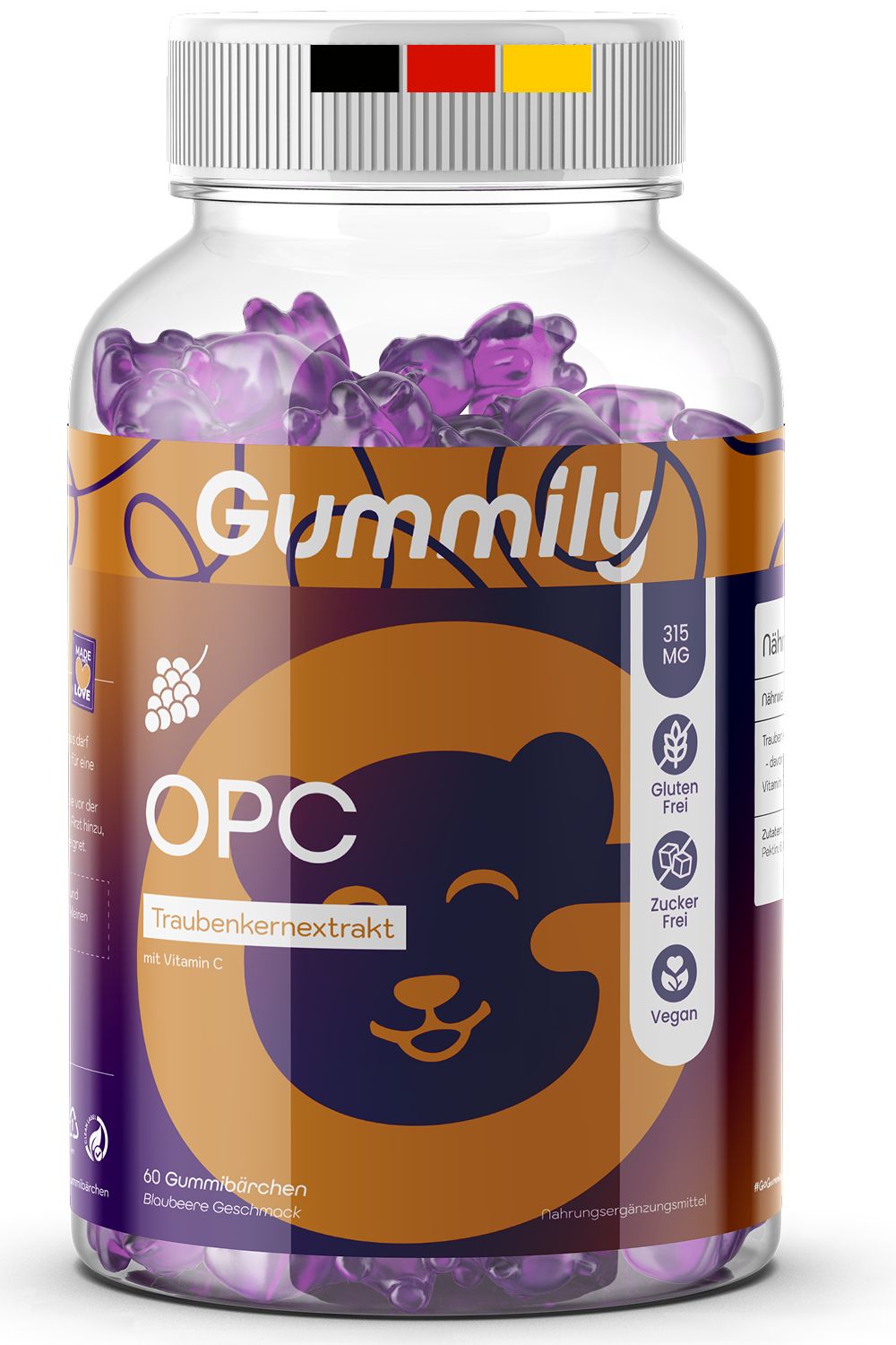 Gummily OPC Traubenkernextrakt Gummibärchen in einem transparenten Behälter mit lila Gummibärchen.