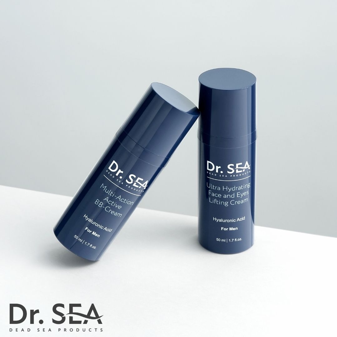 Zwei blaue Flaschen. Eine mit Dr. SEA Multi-Action BB-Cream, die andere mit Ultra Hydrating Face and Eyes Lifting Cream.