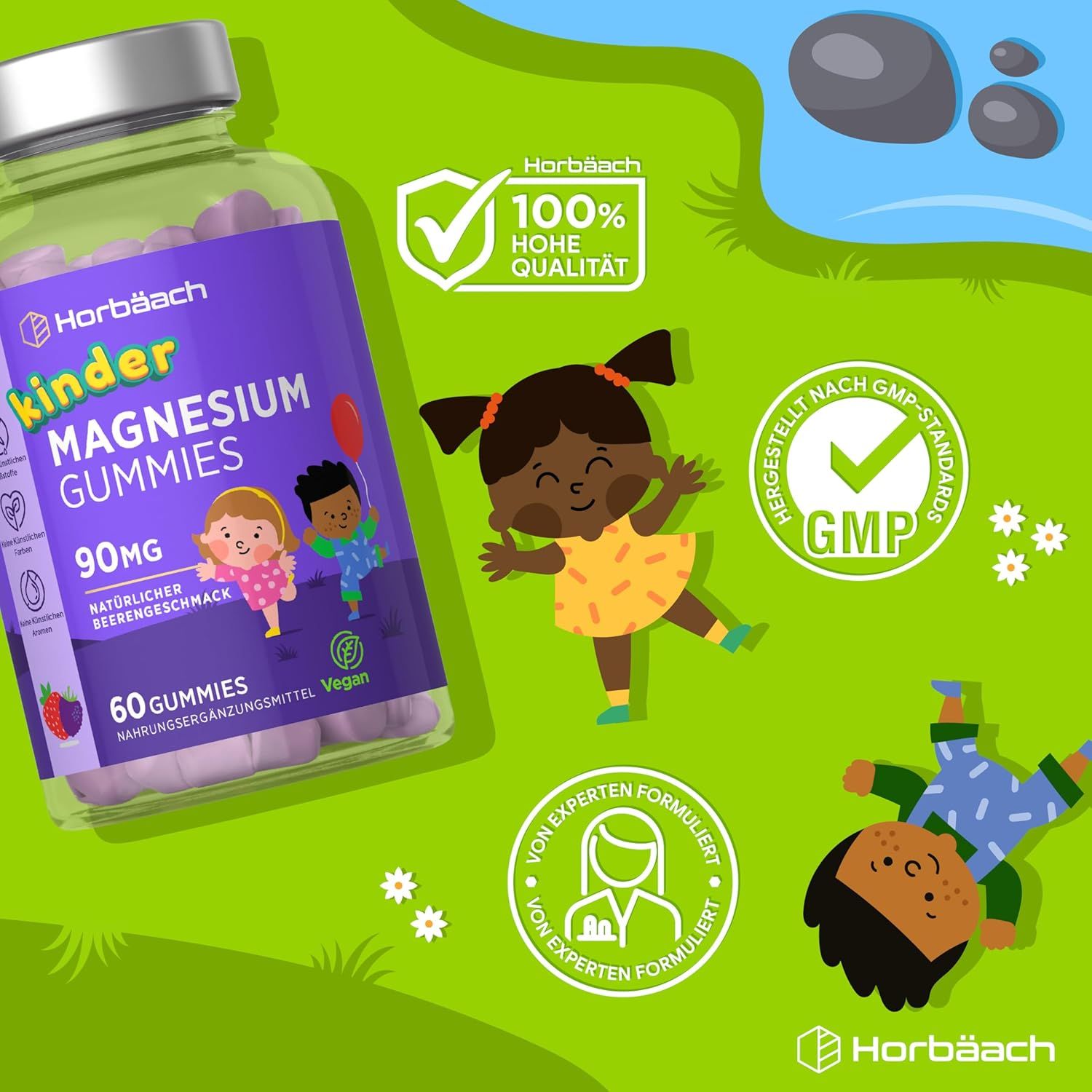Horbaach Kinder Magnesium Gummies. Flasche mit Gummibärchen. 90mg Magnesium. 60 Gummies. GMP-zertifiziert. Hohe Qualität.