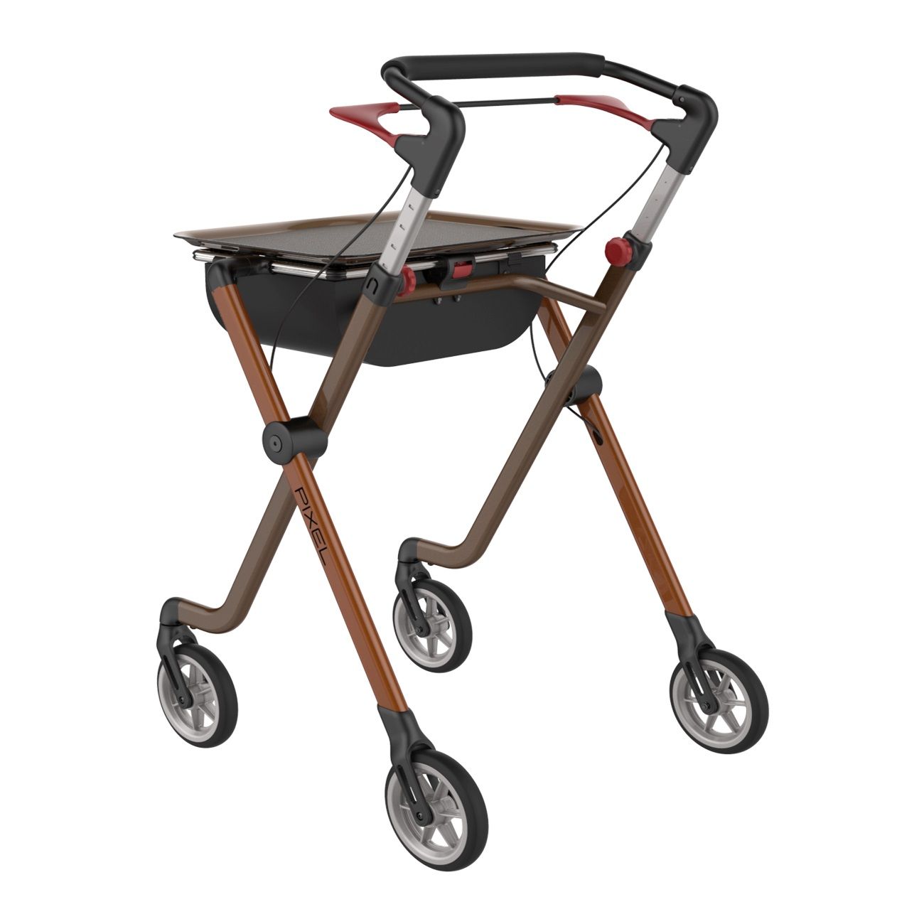 Rollator mit braunen und schwarzen Elementen. Vier Räder, Tablett und Einkaufskorb. Griffe mit roten Akzenten. Aufschrift: PIXEL.