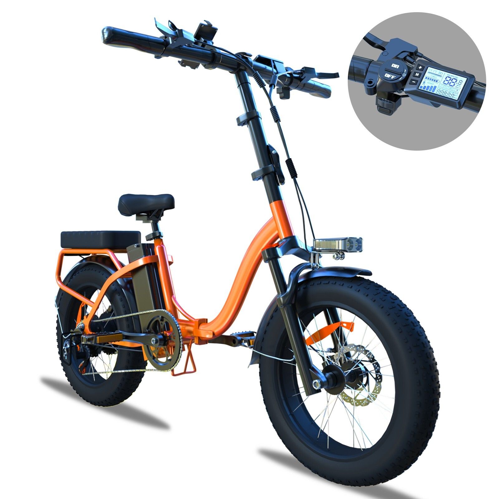 Faltbares E-Bike, orangefarbener Rahmen, schwarze Reifen. Detailansicht des Lenkers mit Display.