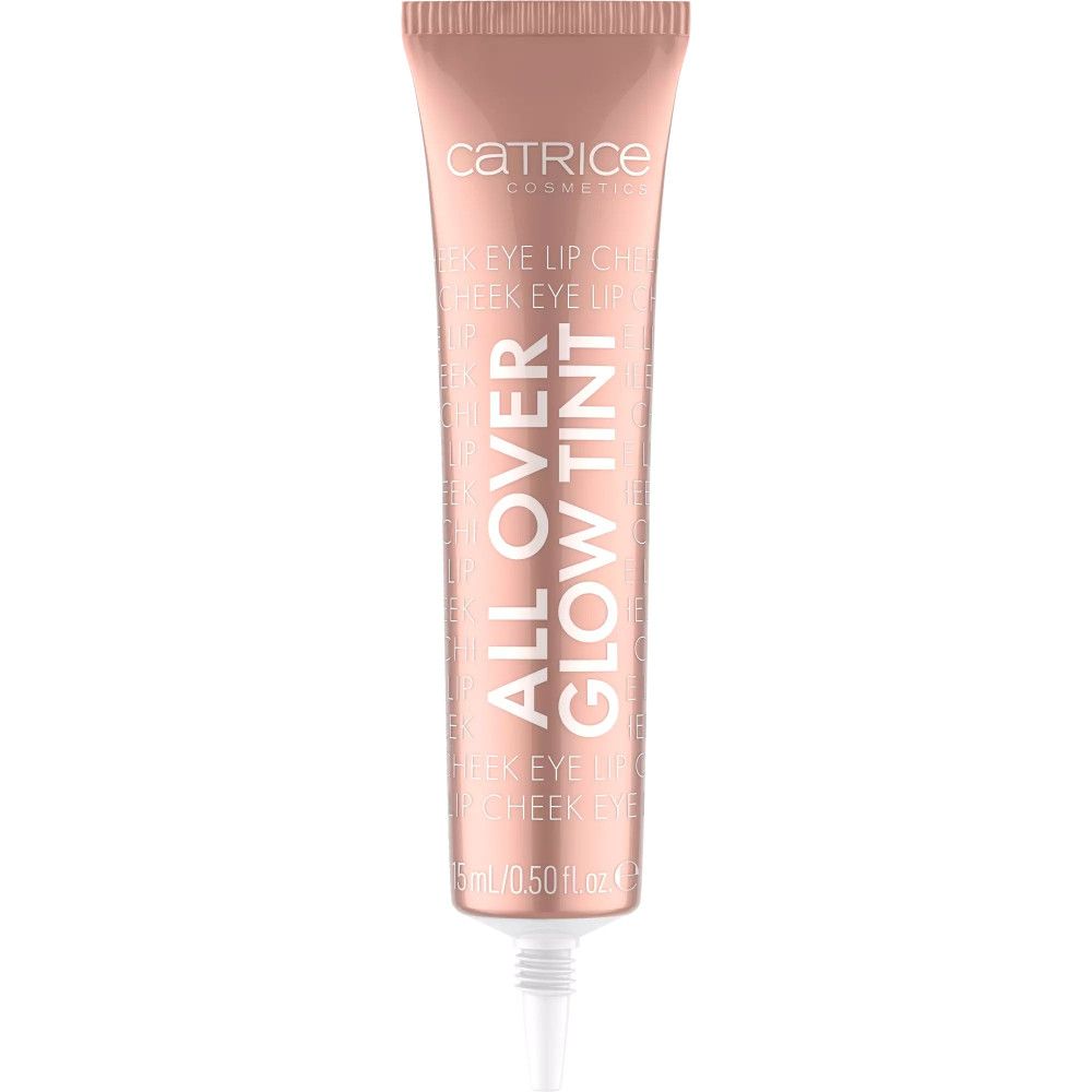 Tube mit rosafarbenem Glanz-Tönung. Aufschrift: ALL OVER GLOW TINT, CATRICE. Produktname und Volumenangabe.