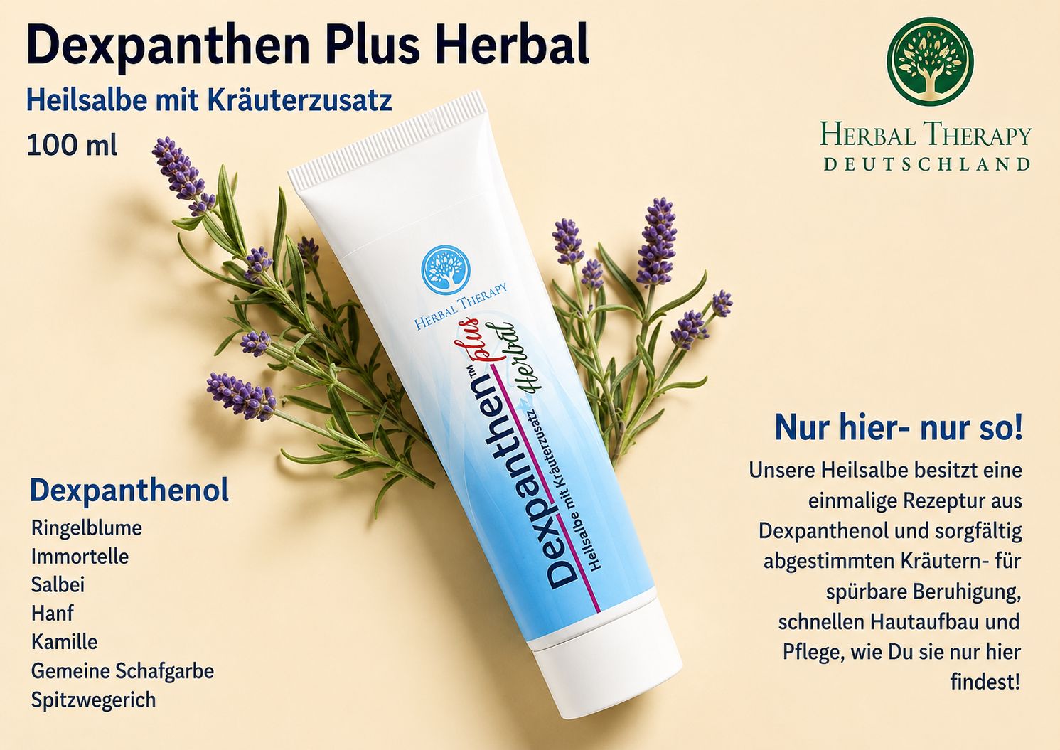 Eine weiße Tube Dexpanthen Plus Herbal Salbe mit Kräuterzusatz, 100 ml, umgeben von Lavendel und Rosmarin.