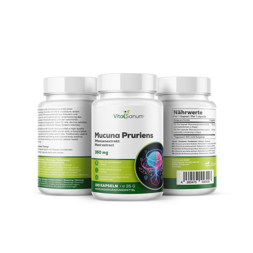Drei weiße Flaschen VitaSanum® Mucuna Pruriens Kapseln. Etiketten mit Produktinformationen und Nährwertangaben.