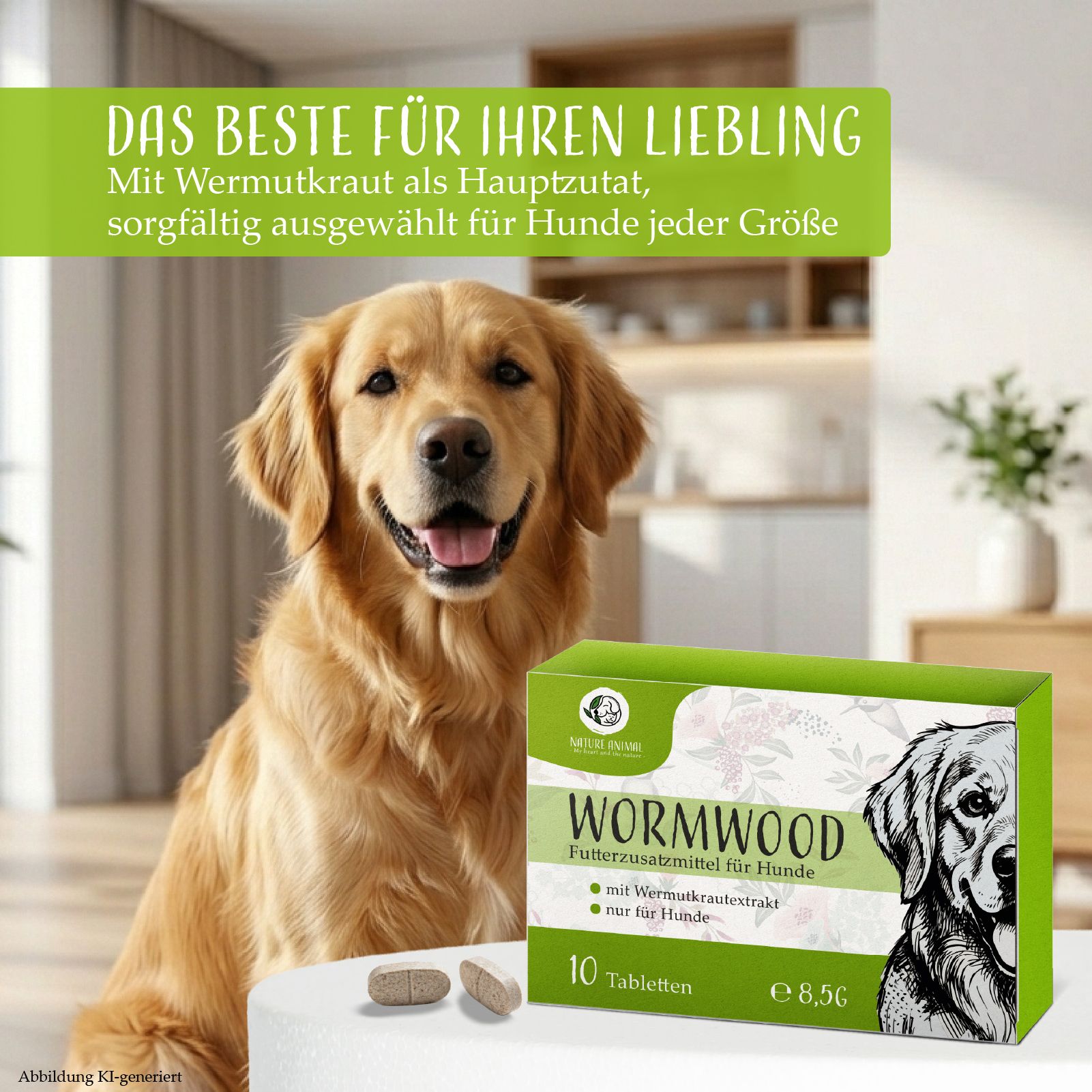 Goldener Retriever neben Wormwood Futterzusatzmittel für Hunde.