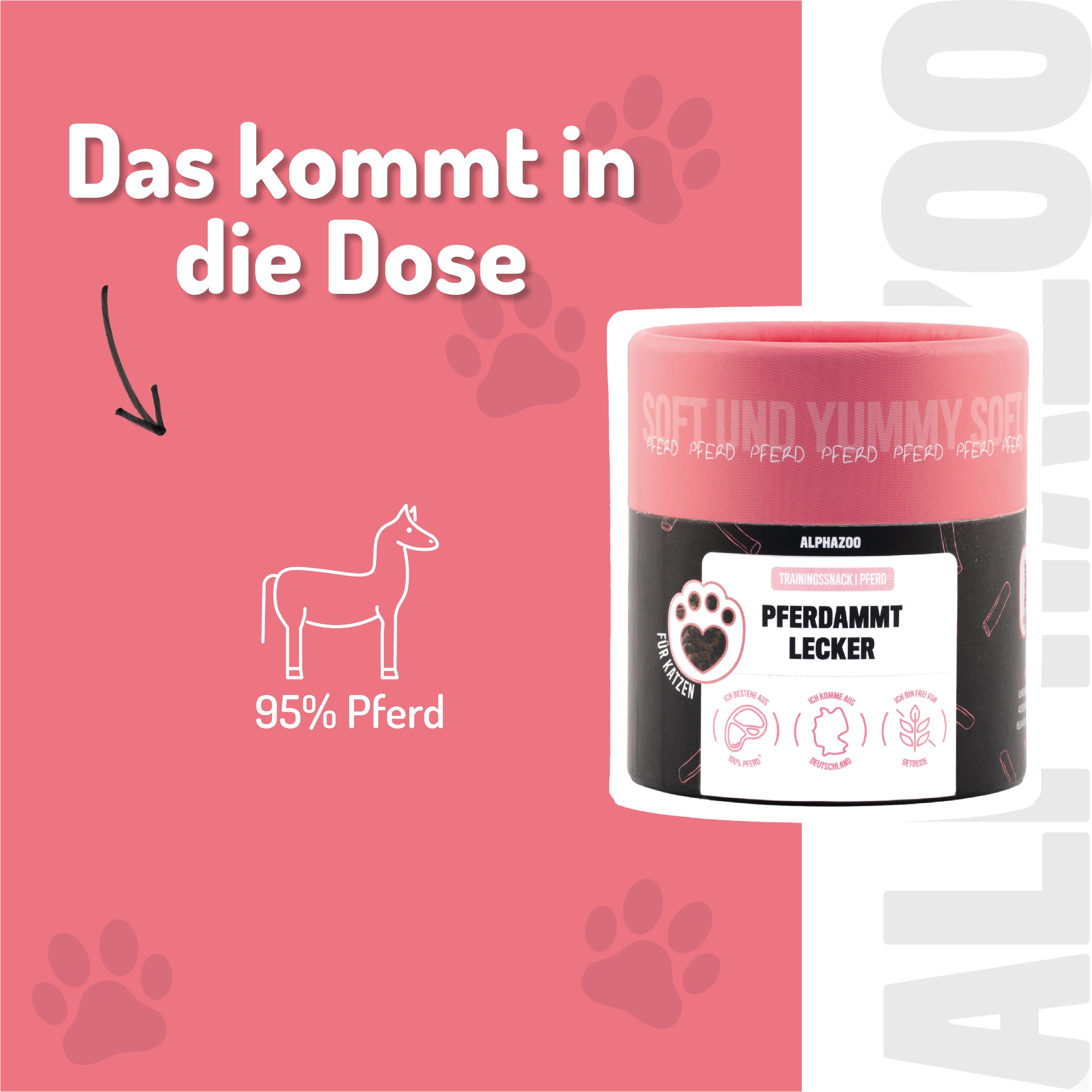 Produktverpackung mit Text und Illustrationen. 95% Pferd. Produktname: Pferdammt Lecker. Für Katzen.