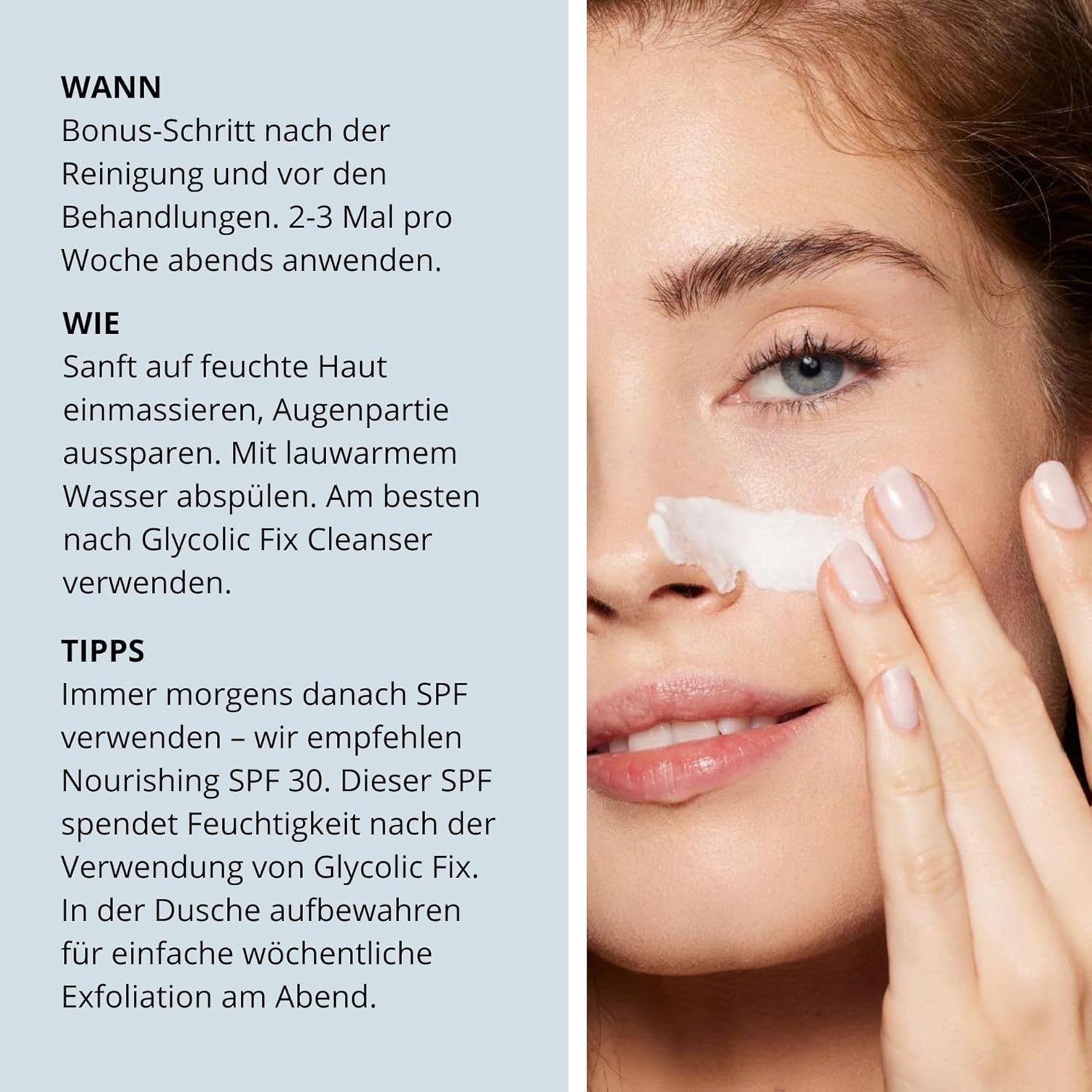 Frau trägt Produkt auf. Text: Anwendungshinweise. "NIP+FAB Glycolic Fix Cleanser". Tipps: SPF verwenden.