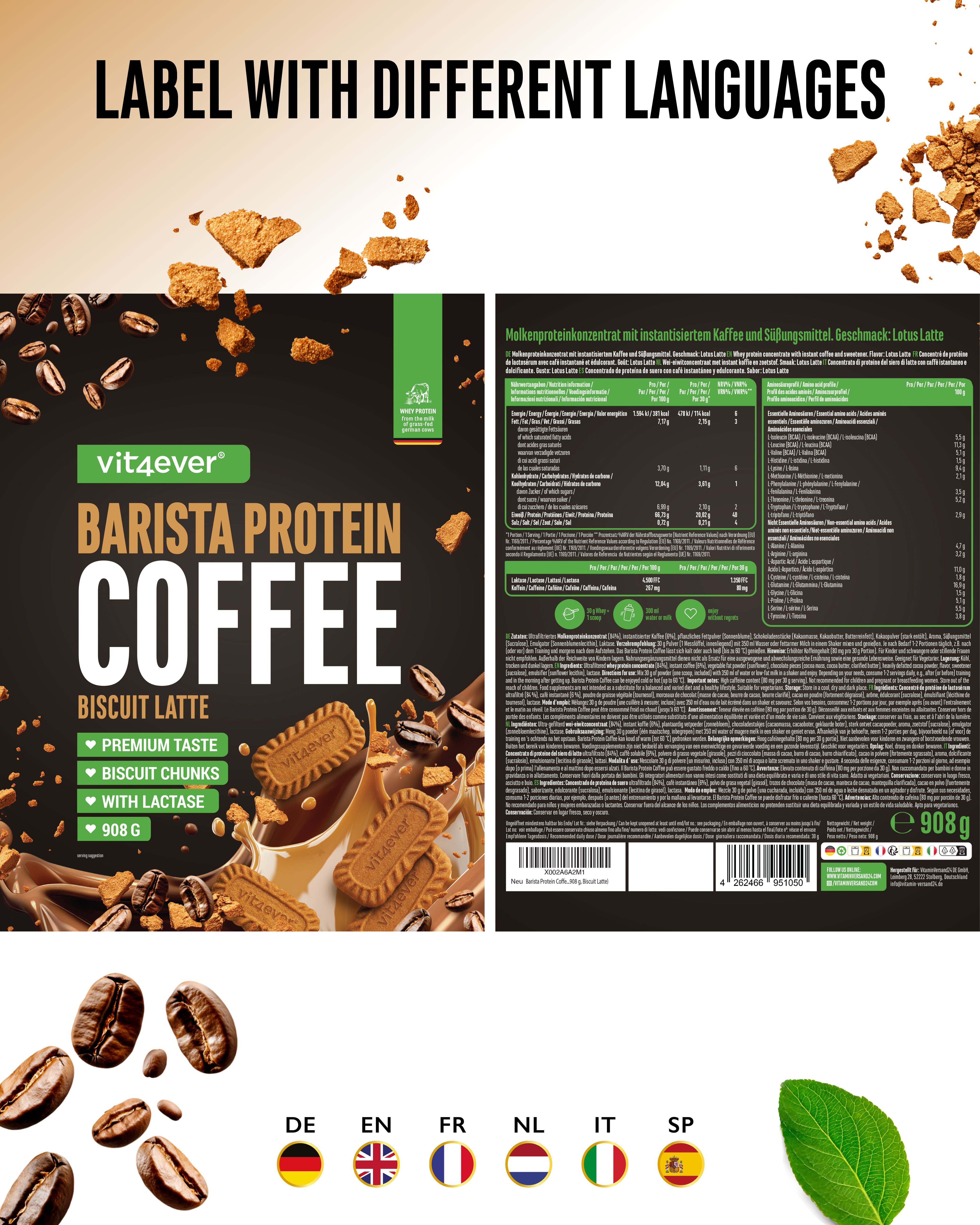 Verpackung "vit4ever Barista Protein Coffee". Text in verschiedenen Sprachen. Enthält Nährwertangaben und Zutaten.