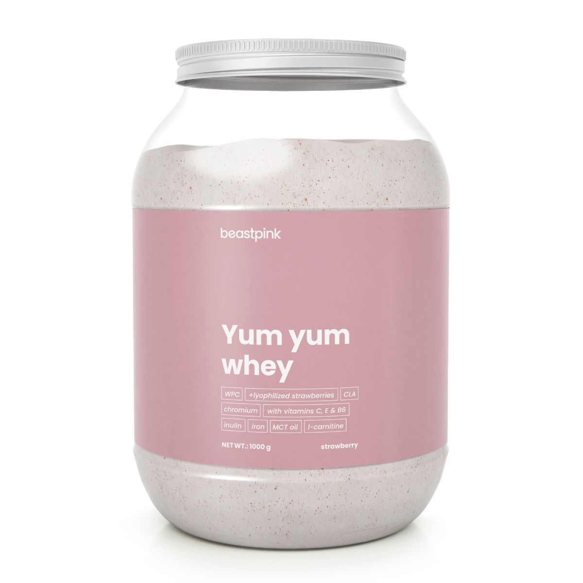 Großer Behälter mit GymBeam Yum Yum Whey Molkenprotein-Pulver in Erdbeergeschmack.