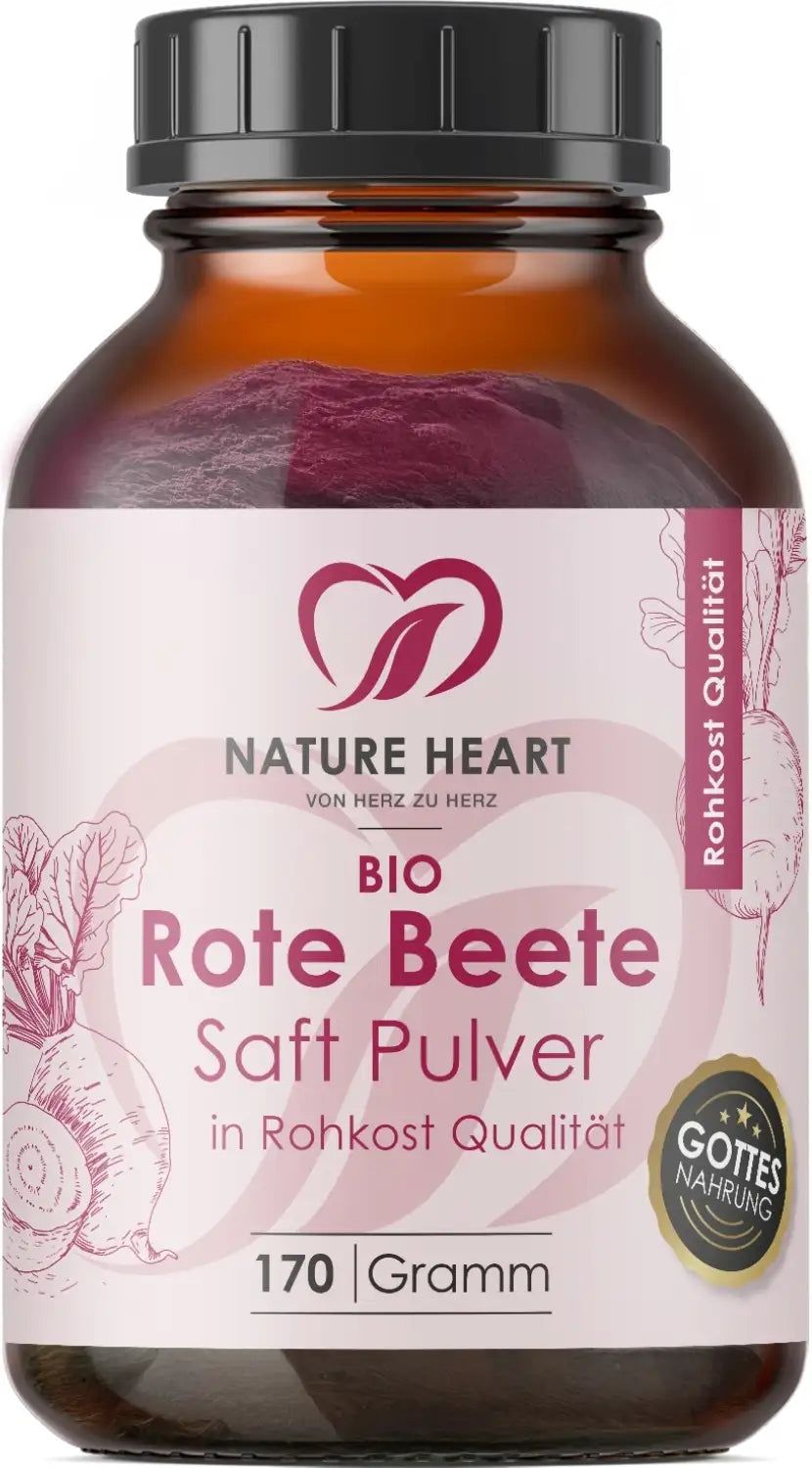Braune Glasflasche mit rotem Pulver. Etikett mit "BIO Rote Beete Saft Pulver", "NATURE HEART" und "170 Gramm". Siegel "Gottes Nahrung".