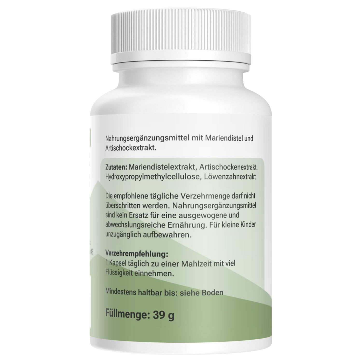 Weiße Kapsel-Dose mit grünem Etikett. Text: Nahrungsergänzungsmittel, Mariendistel, Artischockenextrakt, Zutaten, Verzehrempfehlung, Füllmenge: 39 g.