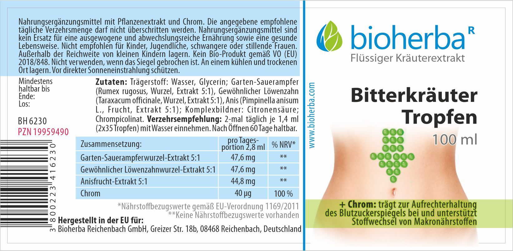 Braune Glasflasche mit schwarzem Deckel. Etikett mit Produktname und Logo. Text: Bitterkräuter Tropfen, 100 ml.