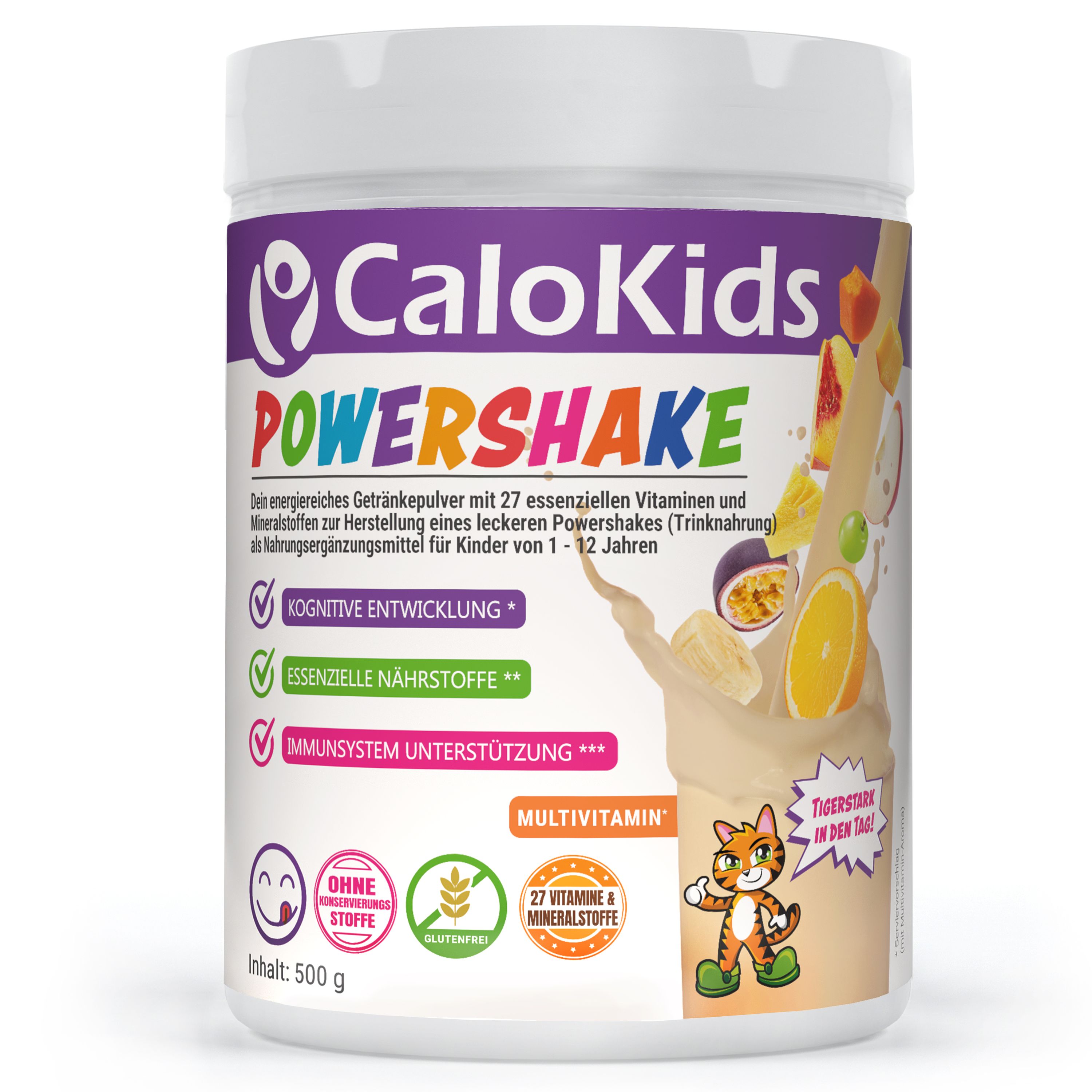 Weißer Behälter mit CaloKids PowerShake. Aufschrift: PowerShake, 27 Vitamine & Mineralstoffe, ohne Zusatzstoffe, glutenfrei. Enthält 500g.