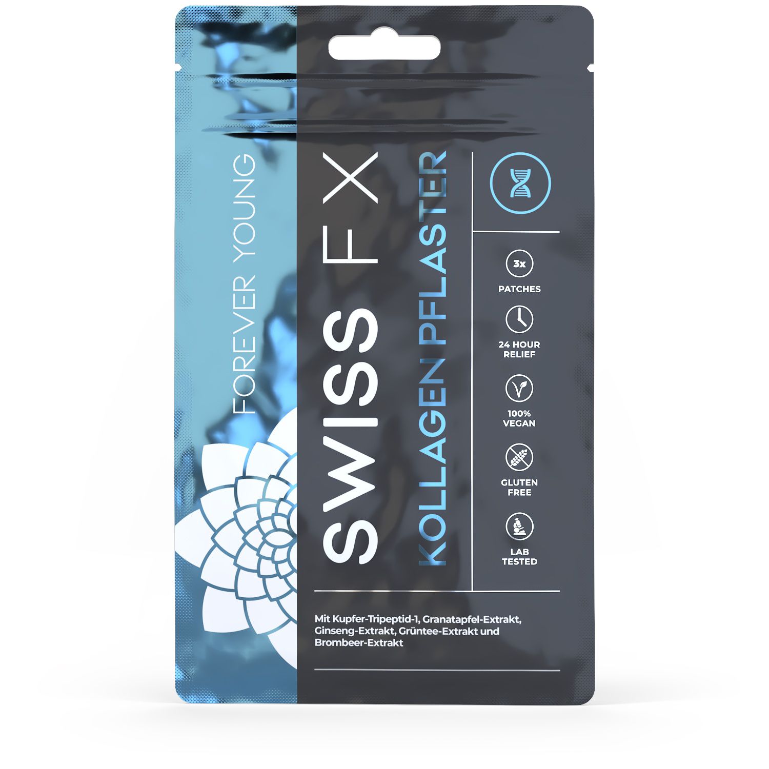 Verpackung von SWISS FX Kollagen Pflaster mit 3 Patches, 24h Linderung, vegan und glutenfrei.