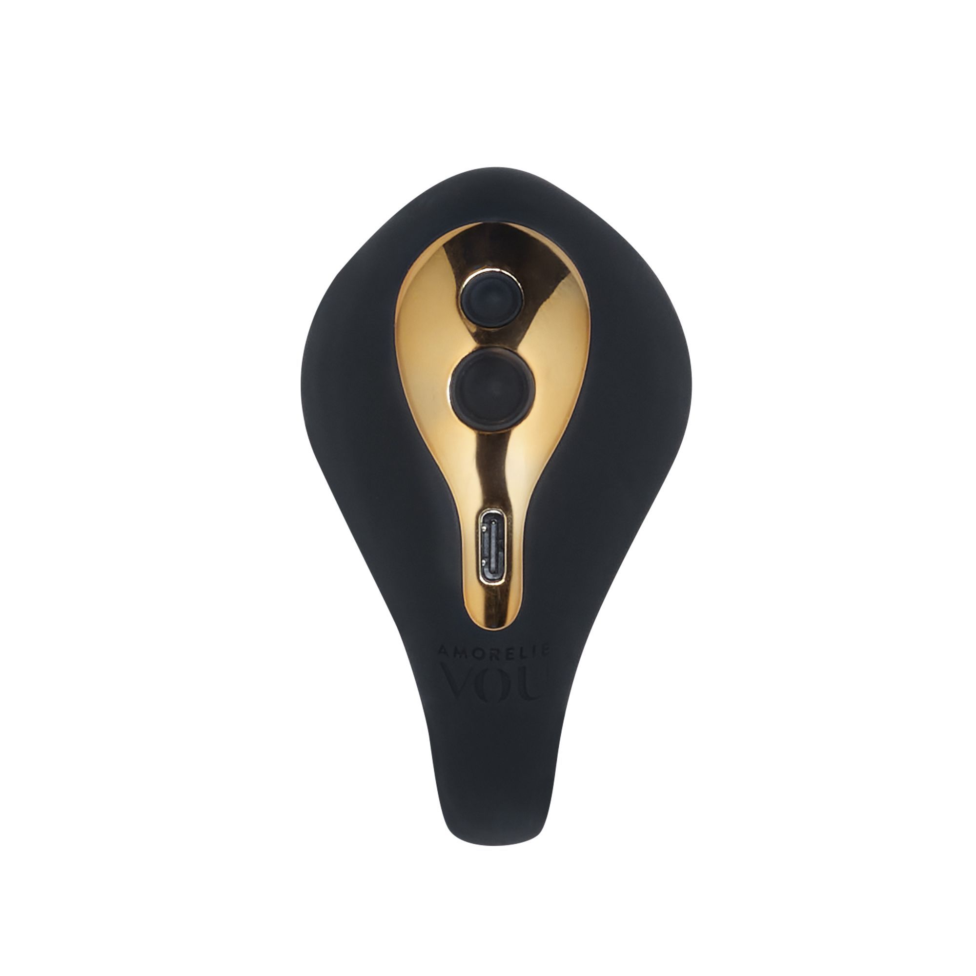 Nahaufnahme eines schwarzen C-förmigen Vibrators mit goldfarbenen Akzenten. Zwei Knöpfe und ein USB-Anschluss.
