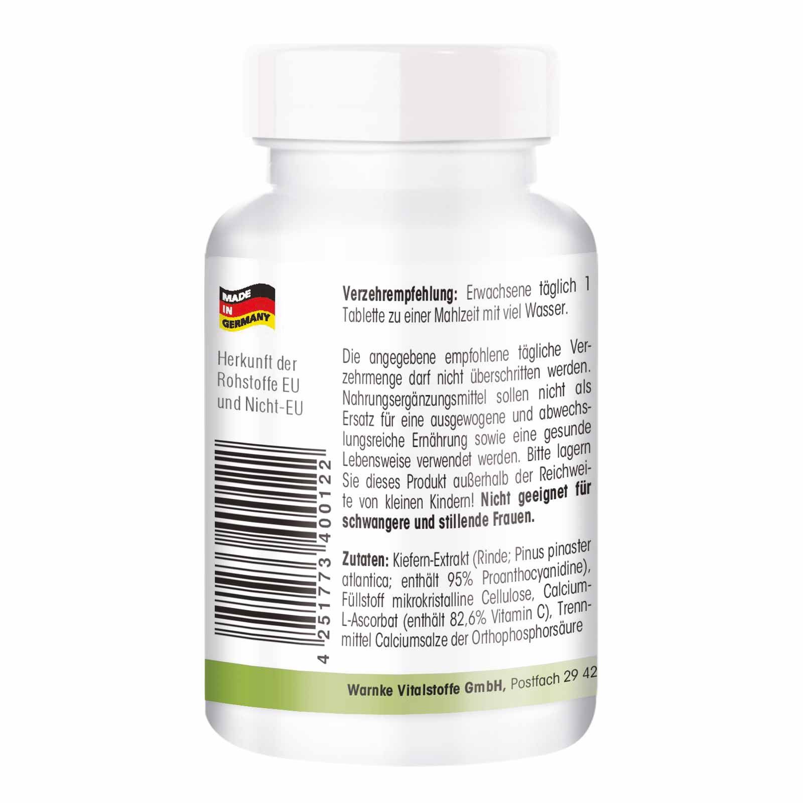Rückseite der Tablettenflasche. Text mit Inhaltsstoffen und Verzehrempfehlung. Made in Germany-Logo.