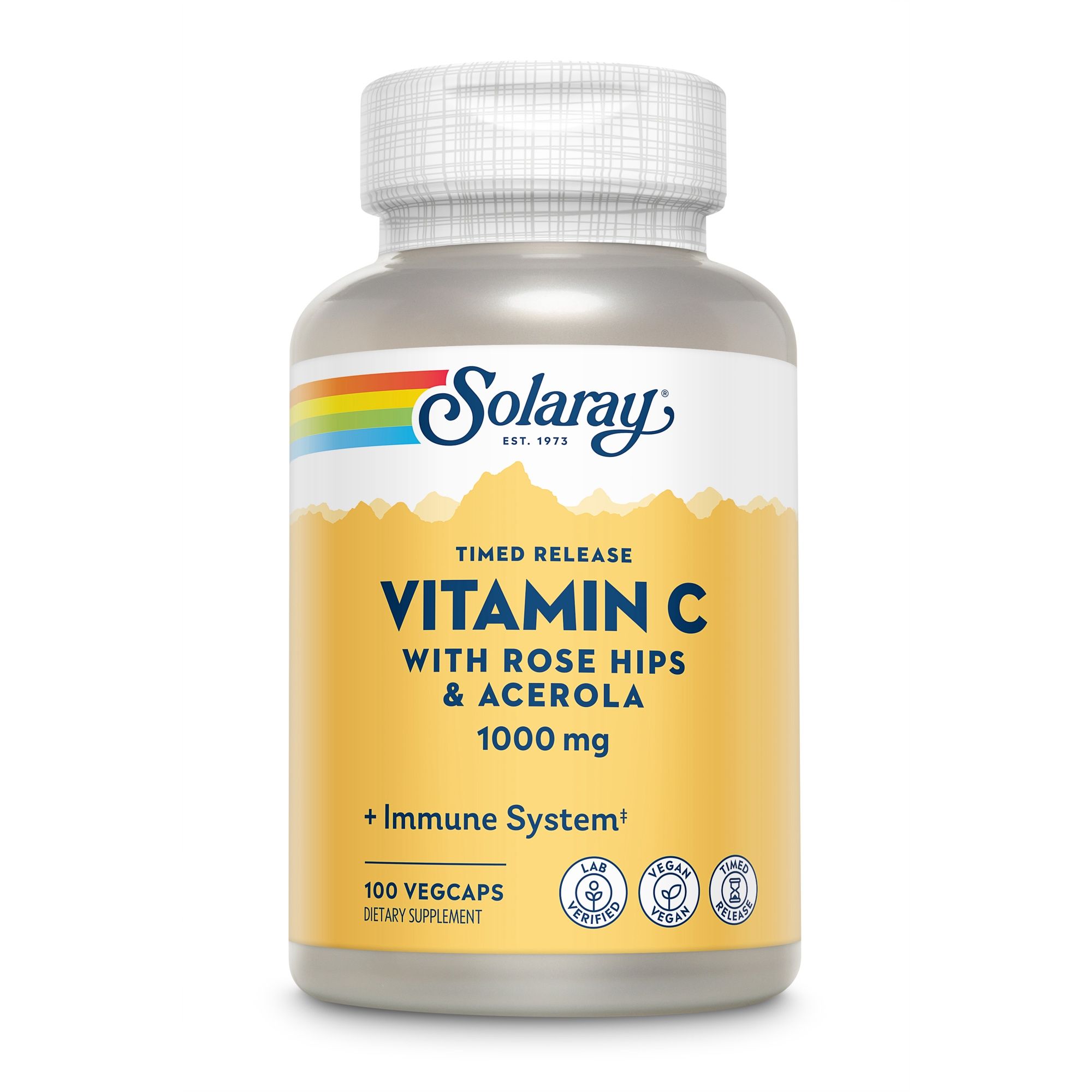 Solaray Vitamin C Flasche. Aufschrift: Vitamin C mit Hagebutte & Acerola 1000 mg. 100 Vegicaps. Zertifizierungen.