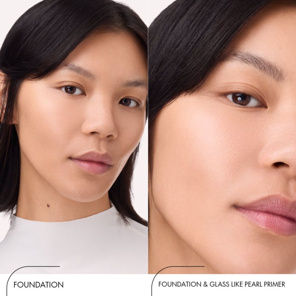 Vergleich: Gesicht mit Foundation und Gesicht mit Foundation & Glass Like Pearl Primer. Beide Gesichter sind von einer Frau.