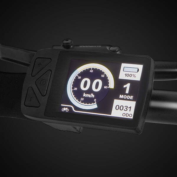 Fahrradcomputer mit Display. Zeigt Geschwindigkeit, Modus, Akku und Kilometerstand an. Schwarzes Gehäuse mit Knöpfen.