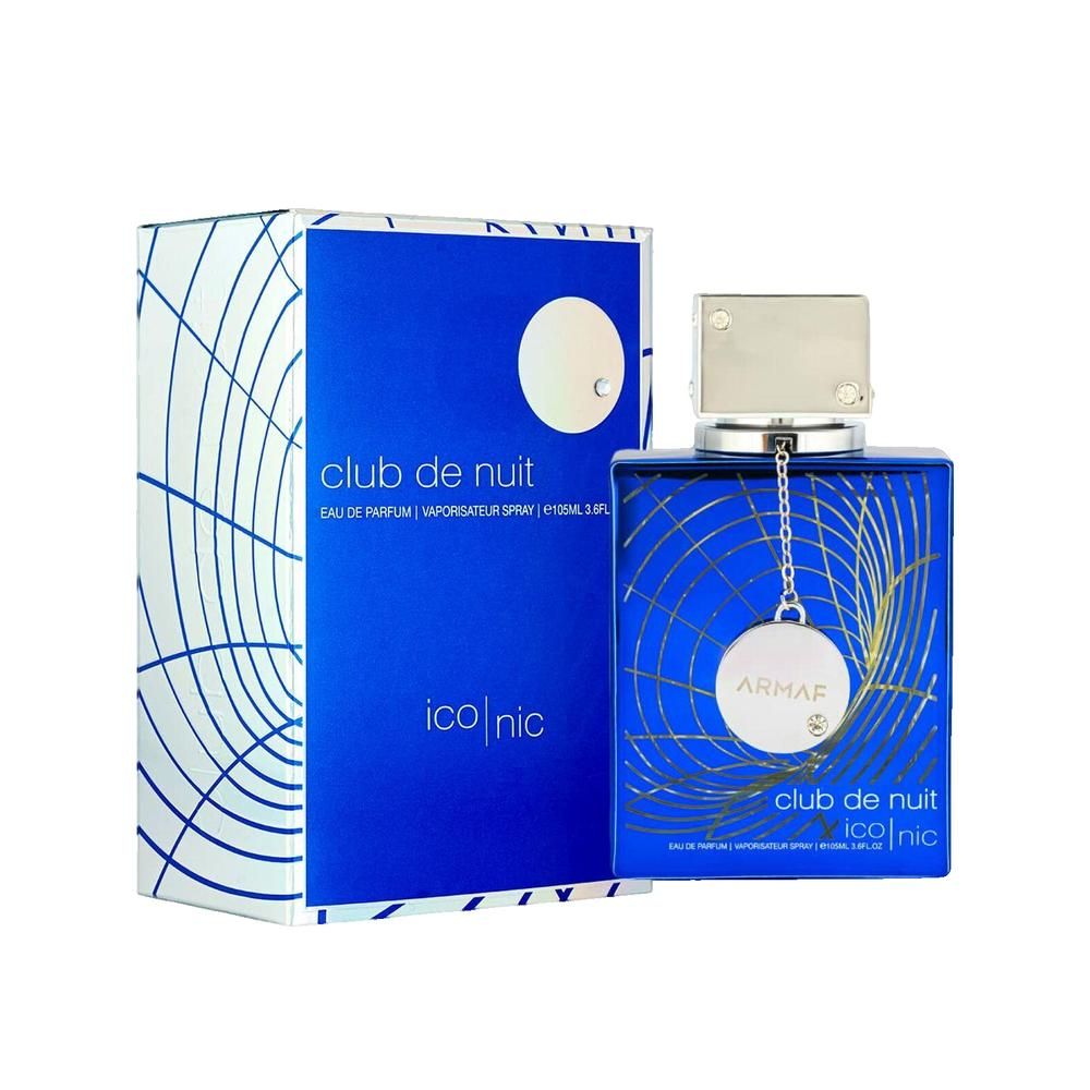 Blauer Flakon und Verpackung. Aufschrift: Club de Nuit Iconic. Silberner Verschluss. Armaf-Logo. Dekorative Linien.