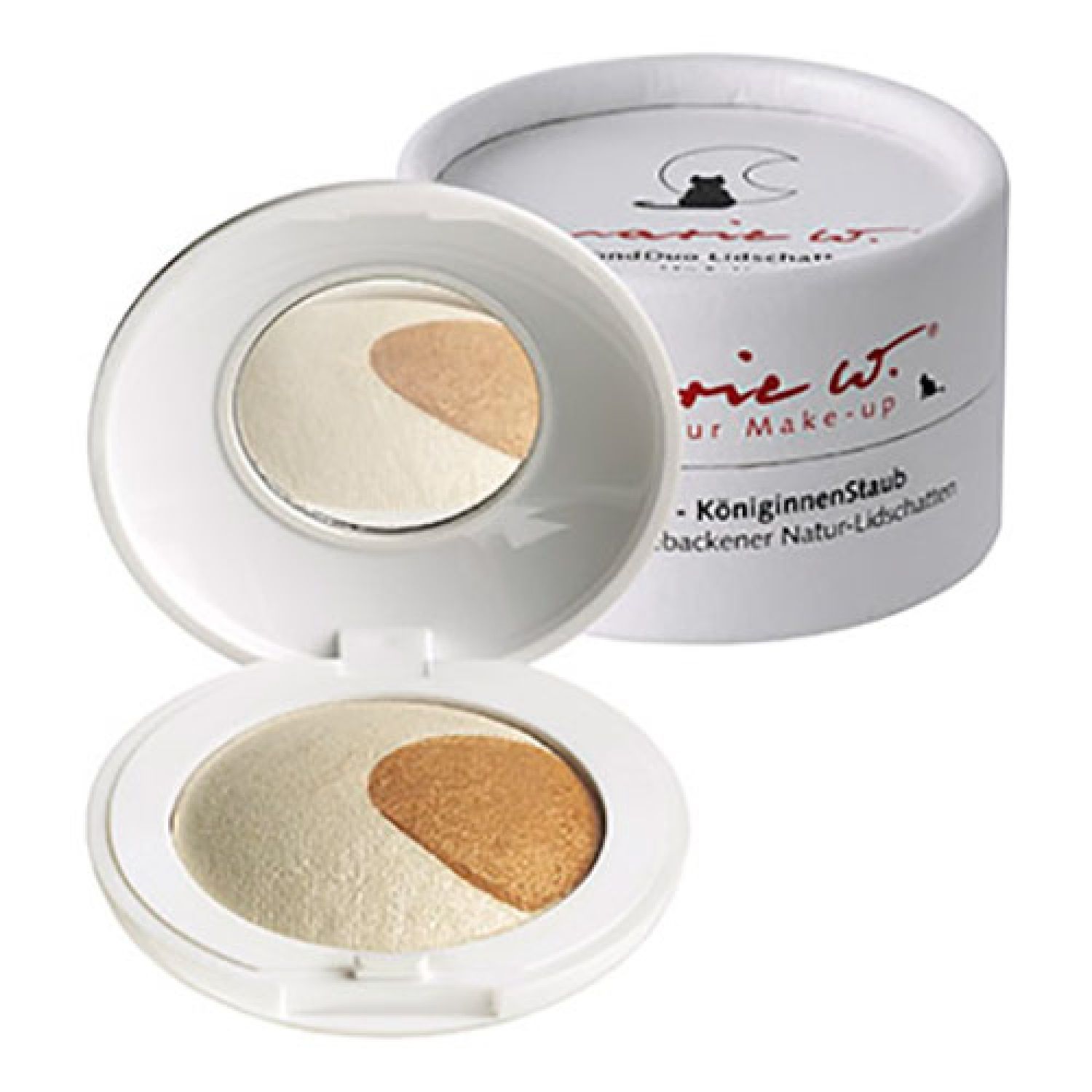 Runder, weißer Make-up-Behälter mit zwei Farbtönen Lidschatten. Aufschrift: Marie W. KöniginnenStaub.
