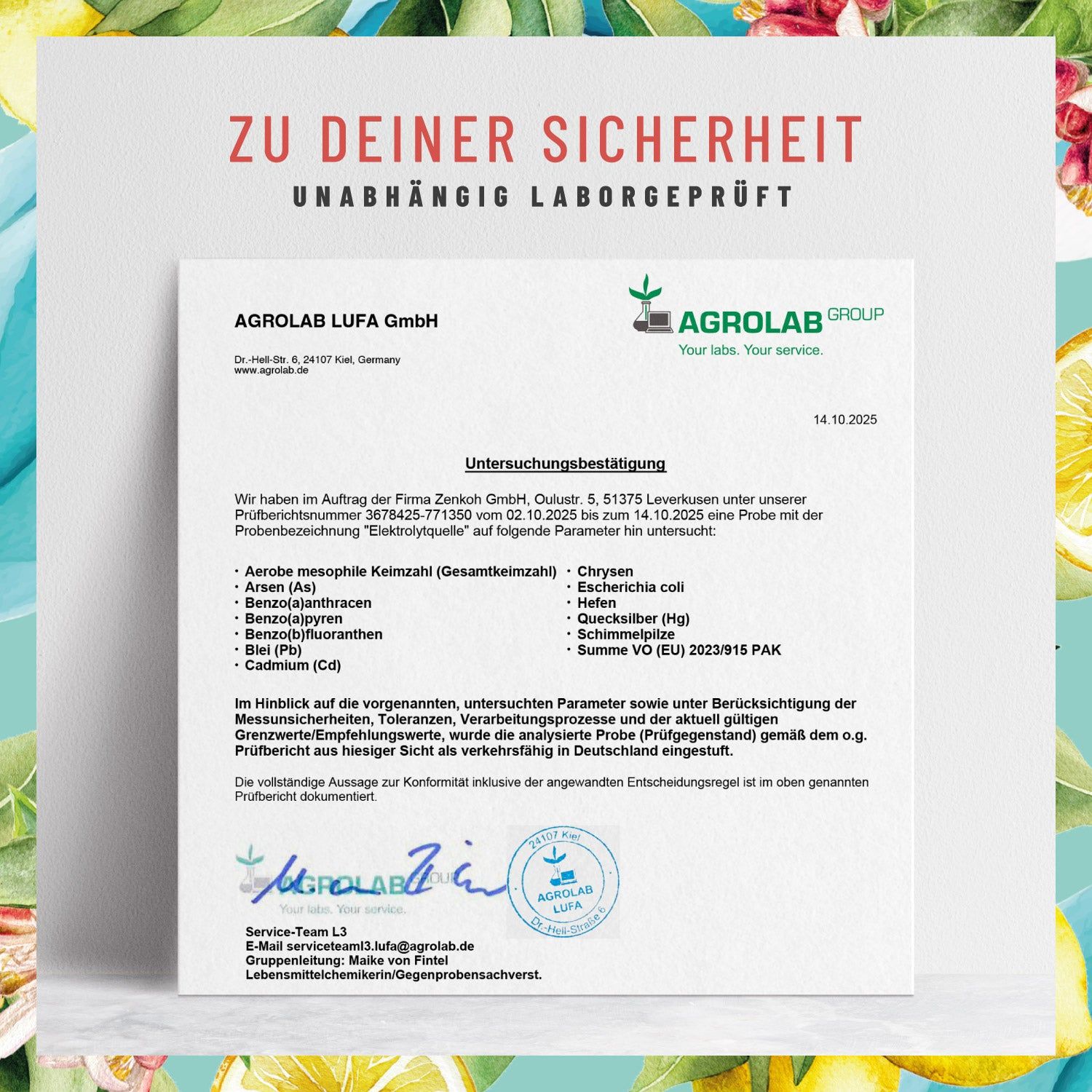 Zertifizierungsdokument von Agrolab LUFA GmbH. Text: Unabhängig laborgeprüft. Unterschriftsbereich und Logo.