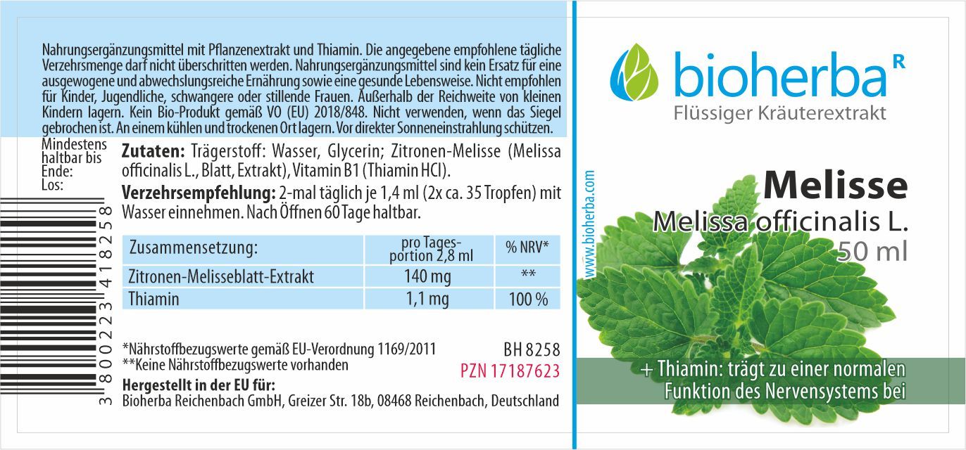 Etikett mit Produktinformationen. Bioherba Melisse, 50 ml. Zutaten, Verzehrempfehlung, Zusammensetzung. Text in deutscher Sprache.