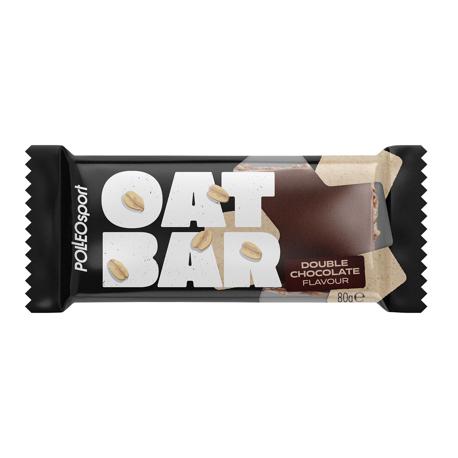 Verpackte Riegel. Aufschrift: OAT BAR, Double Chocolate Flavour, 80g. Marke: PolleoSport. Schwarze Verpackung.