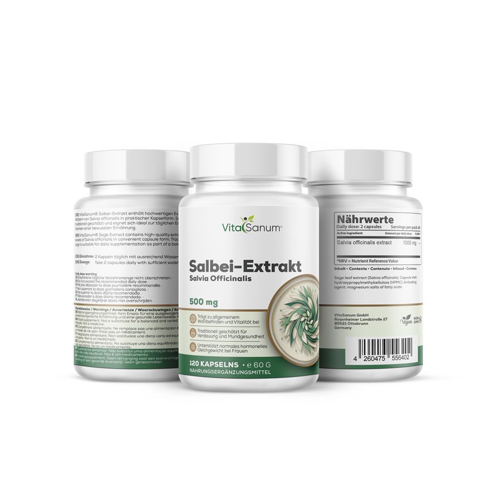 Drei Flaschen Salbei-Extrakt 500 mg von VitaSanum. Eine Flasche ist vorne zentriert, die anderen beiden sind leicht versetzt.