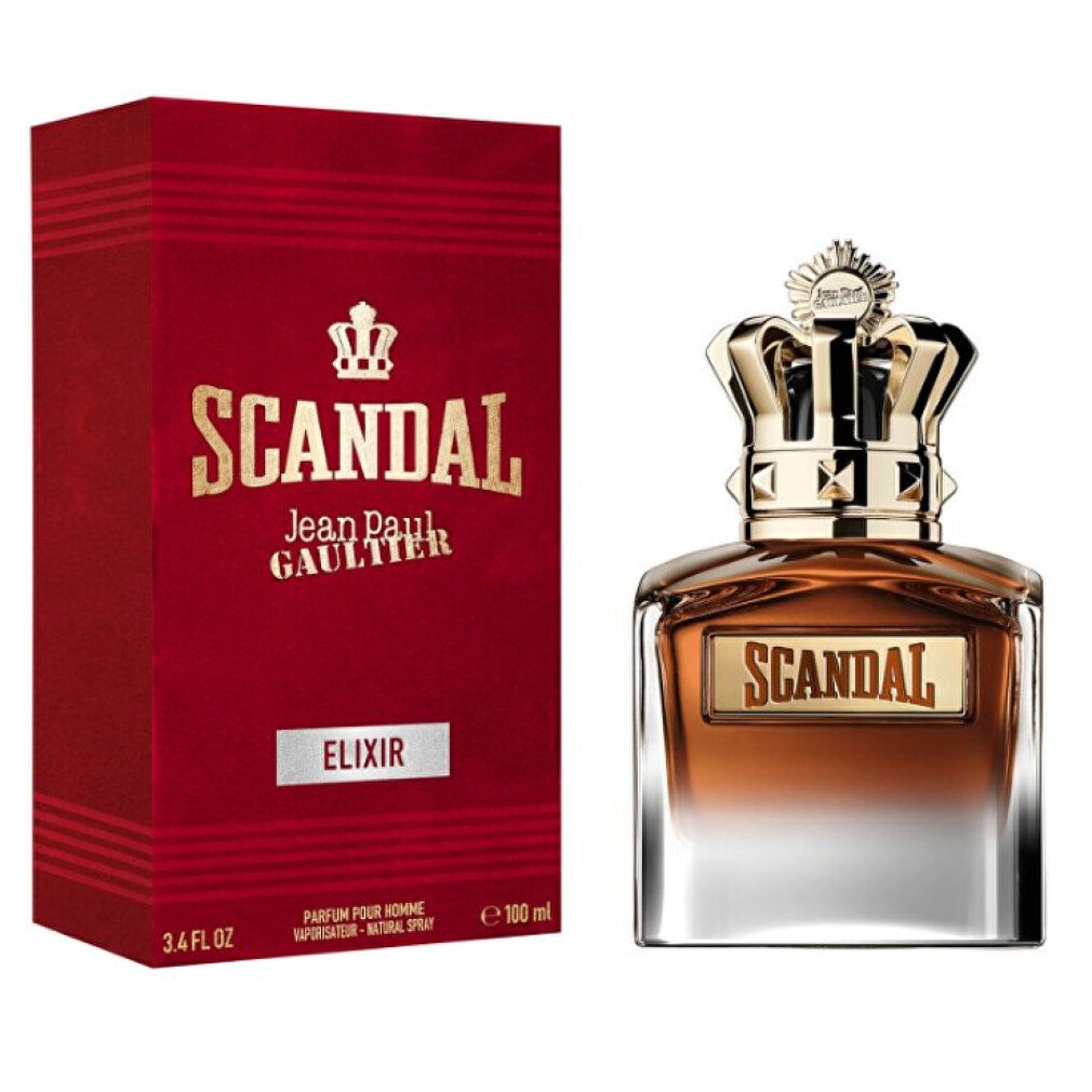 Roter Karton und Parfumflakon. Flakon mit goldener Krone. Aufschrift "SCANDAL ELIXIR".