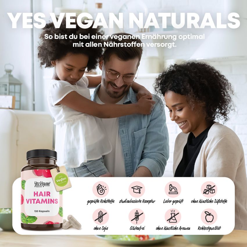 Familie mit Flasche Hair Vitamins, 120 Kapseln. Vegan-Siegel. Illustrationen: geprüfte Rohstoffe, ohne Soja, ohne Gluten, etc.