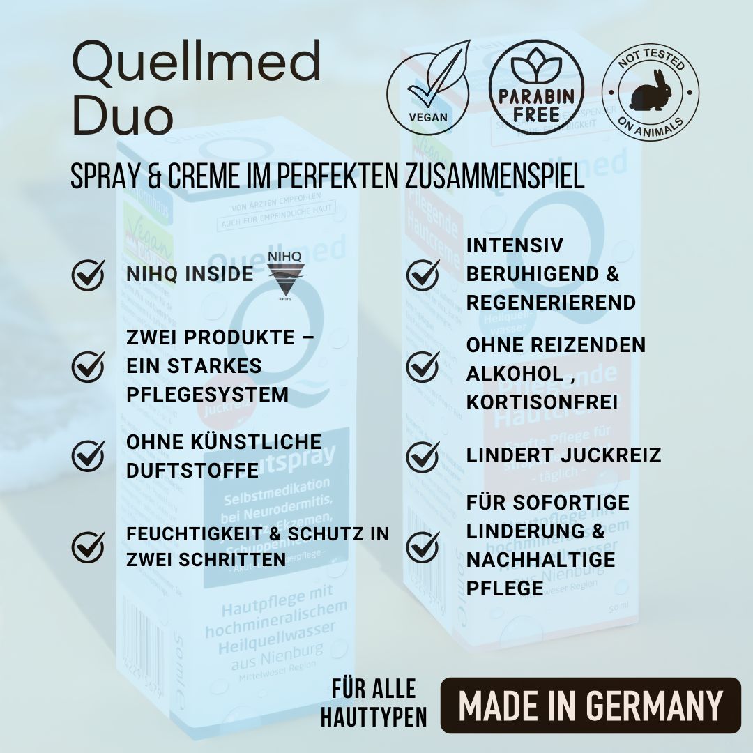 Zwei Produktverpackungen nebeneinander. Aufschrift: Quellmed Duo. Logos: Vegan, Parabenfrei, Ohne Tierversuche, Made in Germany.
