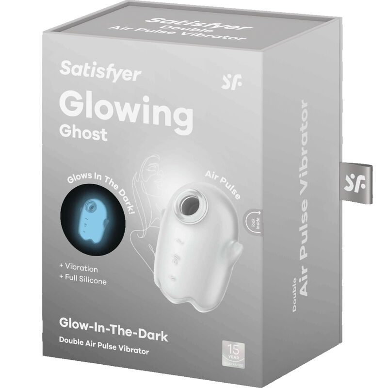 Verpackung mit Produktabbildung. Text: Satisfyer Glowing Ghost, Air Pulse Vibrator, Glow-In-The-Dark.