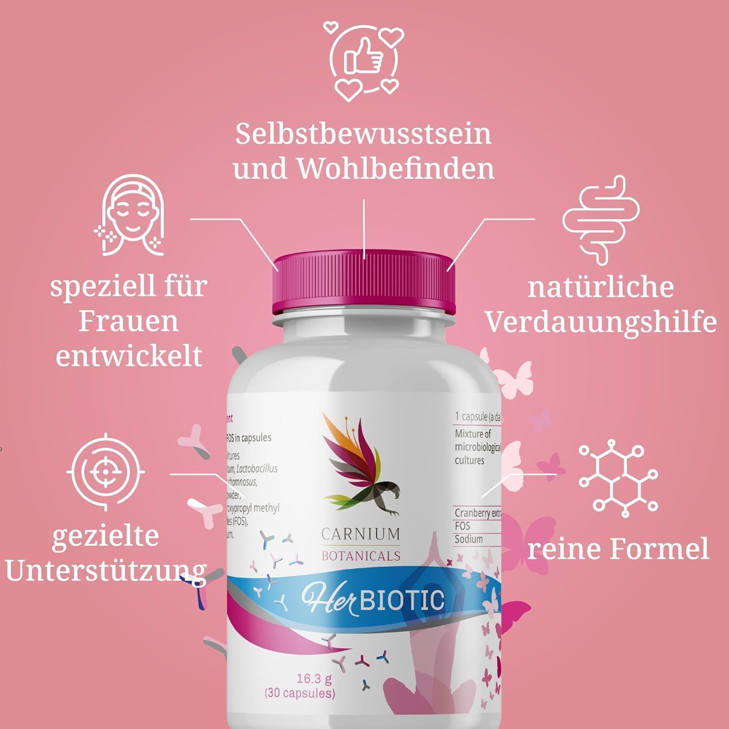 Produktflasche HerBiotic. Pinker Hintergrund mit Icons und Text: Selbstbewusstsein, Verdauungshilfe, reine Formel, gezielte Unterstützung.