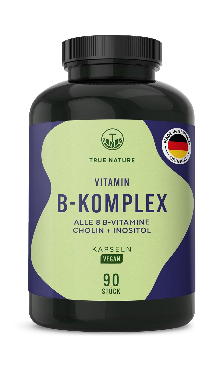 Dunkle Flasche mit Vitamin B-Komplex Kapseln. Grün-weißes Etikett mit Produktinformationen. 90 Stück. Vegan.