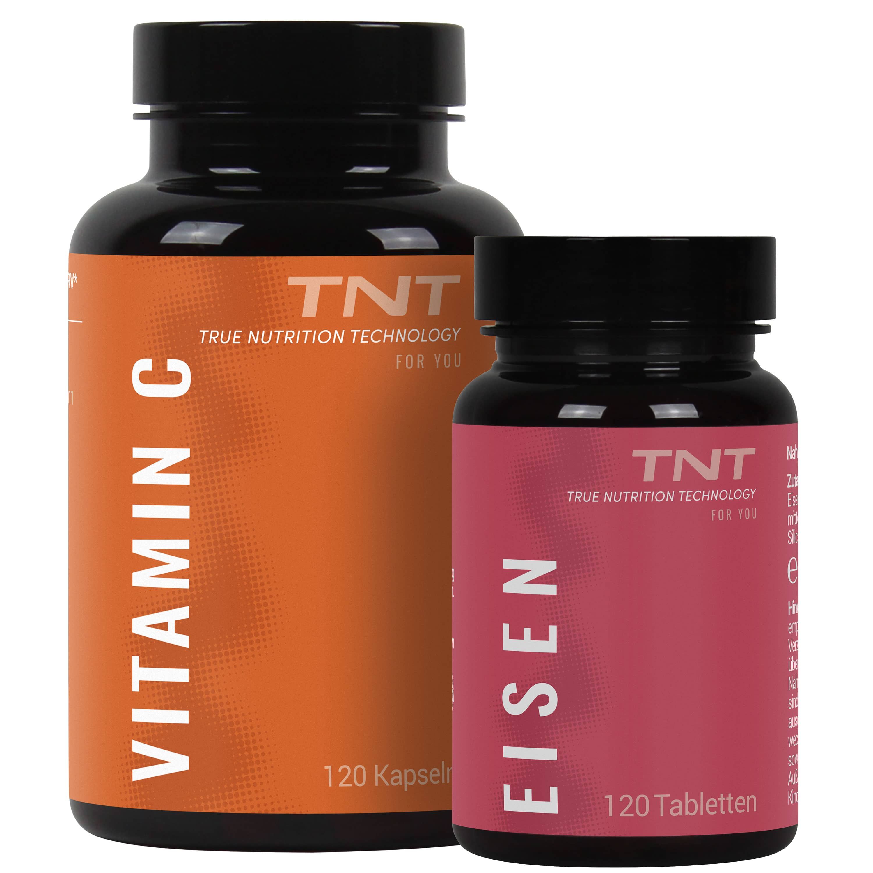 Orange Flasche mit "VITAMIN C" und "120 Kapseln" Aufschrift. Marke TNT.