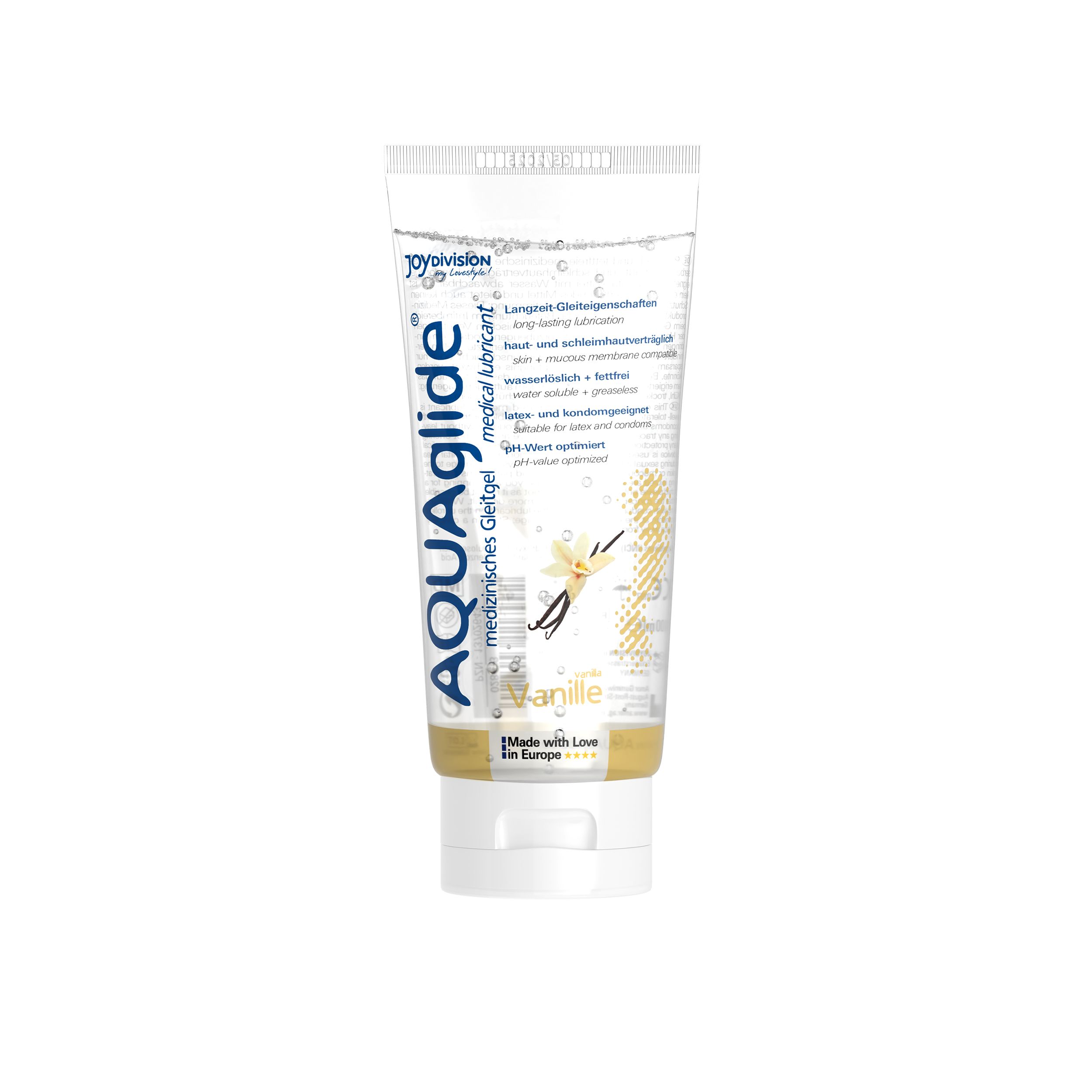 AQUAGLIDE Vanille Gleitgel Tube mit Vanilla-Blüte und Schoten.