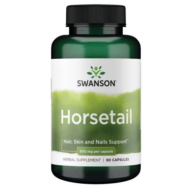 Grüne Flasche mit schwarzem Deckel. Aufschrift: SWANSON Horsetail, 500 mg pro Kapsel. 90 Kapseln.