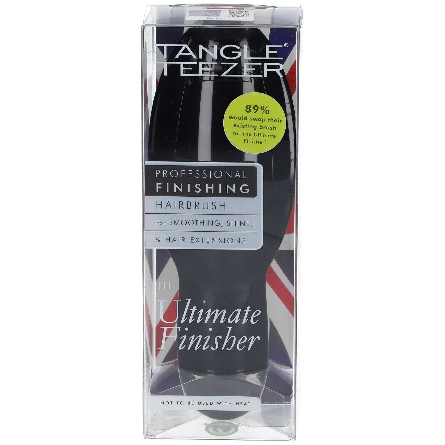 Schwarze Haarbürste in Klarsichtverpackung. Aufschrift: Tangle Teezer, Ultimate Finisher. Mit Union Jack-Design.