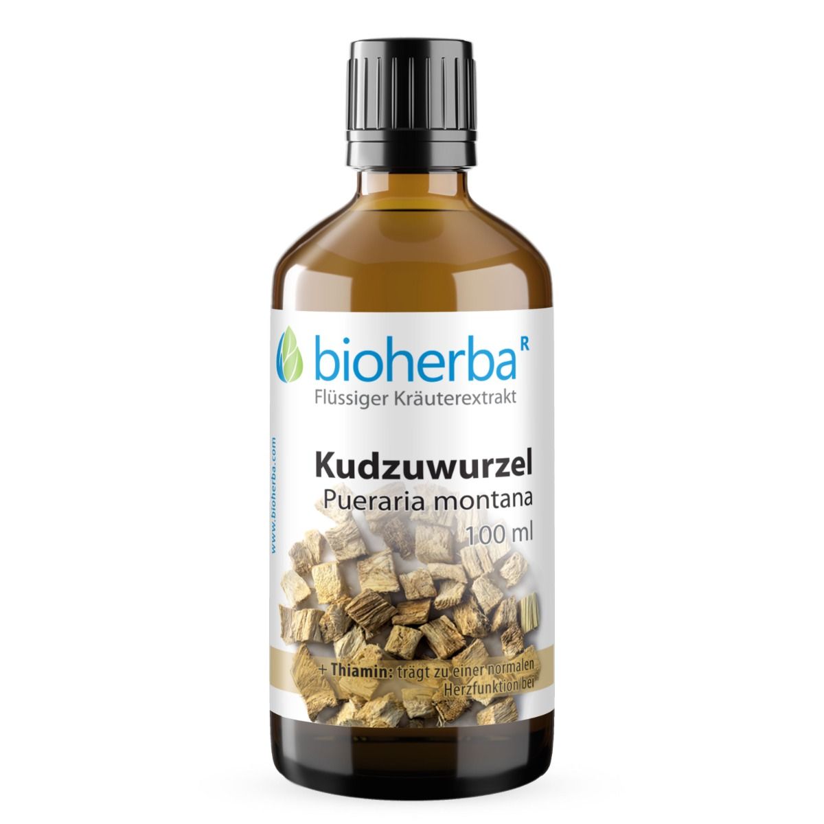 Braune Glasflasche mit schwarzem Deckel. Etikett mit Bioherba Logo und Produktbezeichnung Kudzuwurzel. 100 ml.