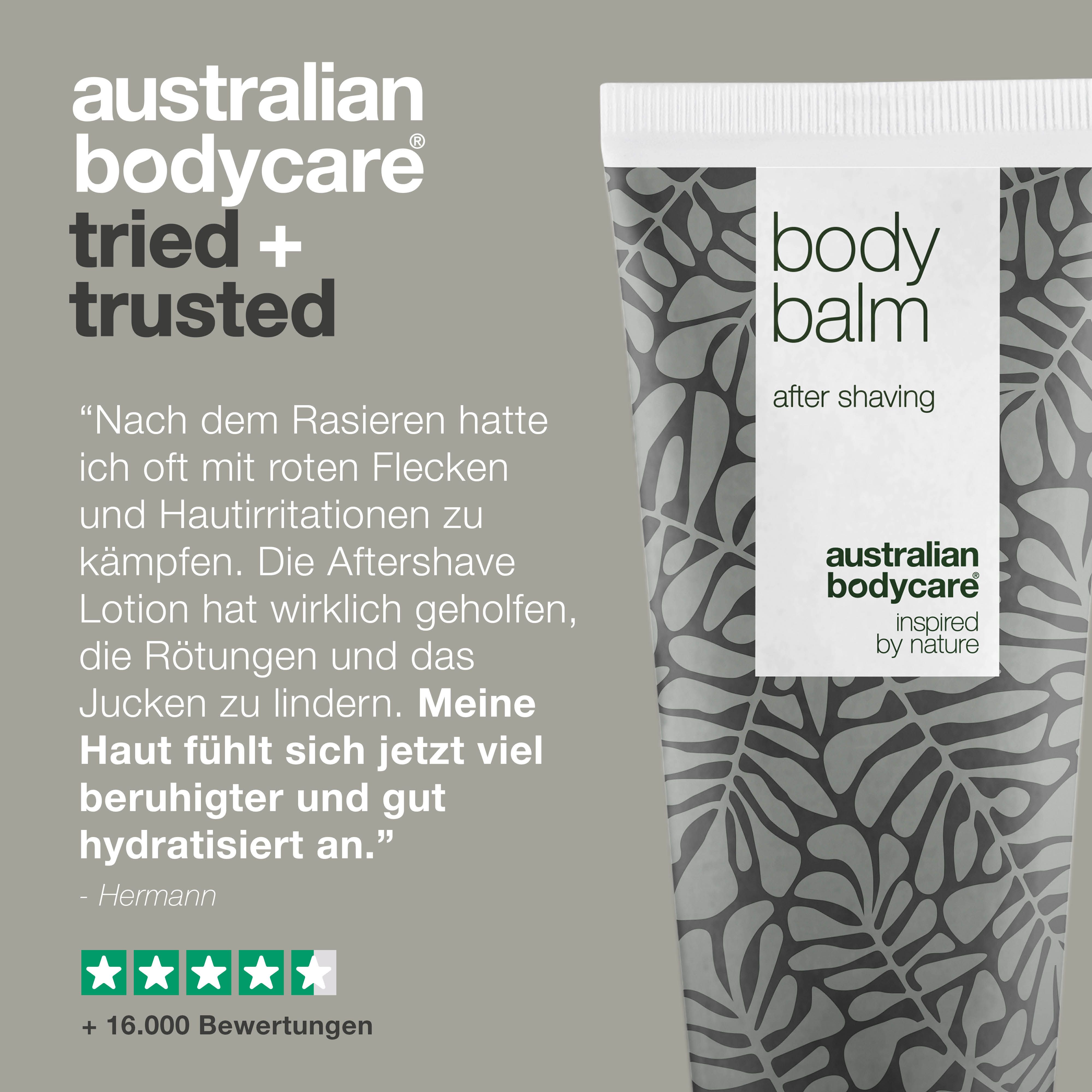 Verschiedene Personen mit Produkten. Aufschrift: Australian Bodycare Skincare since 1990, +100.000 Happy Customers.