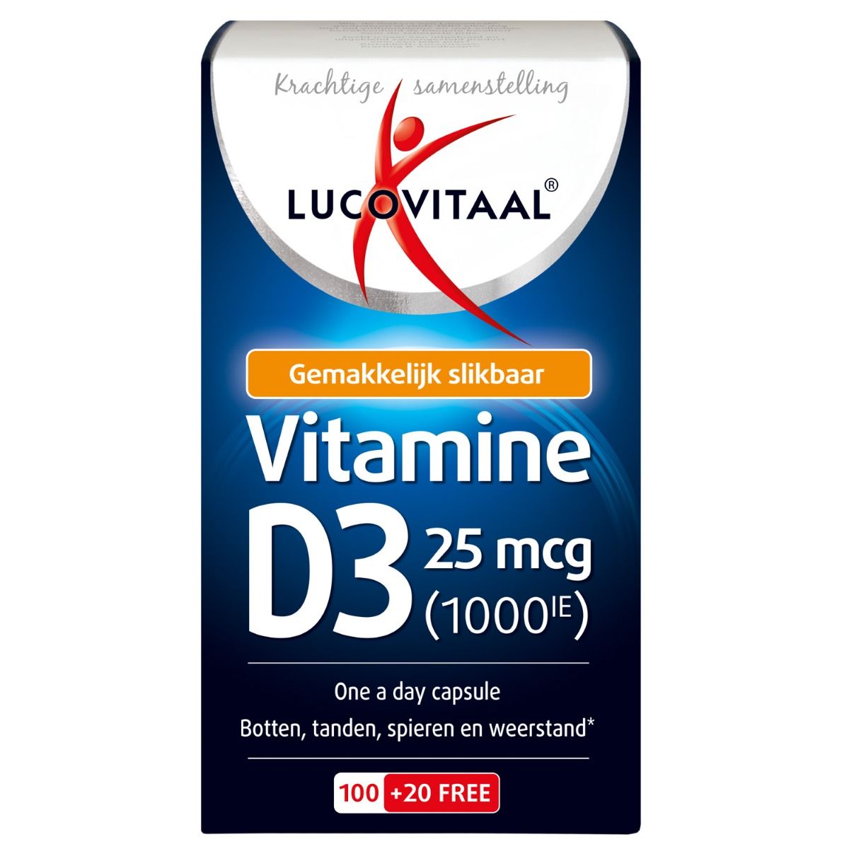 Verpackung Lucovitaal Vitamin D3 25 mcg (1000 IE) mit 100 + 20 gratis Kapseln.