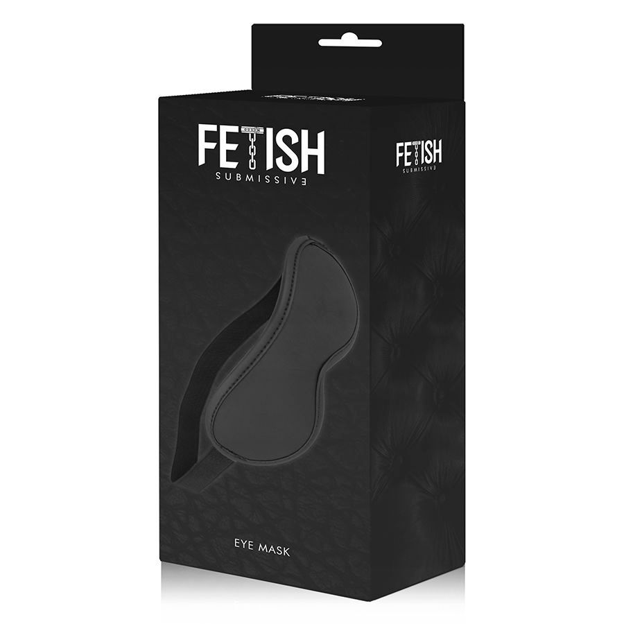 Schwarze Augenmaske in Verpackung. Auf der Verpackung steht "FETISH Submissive" und "EYE MASK".