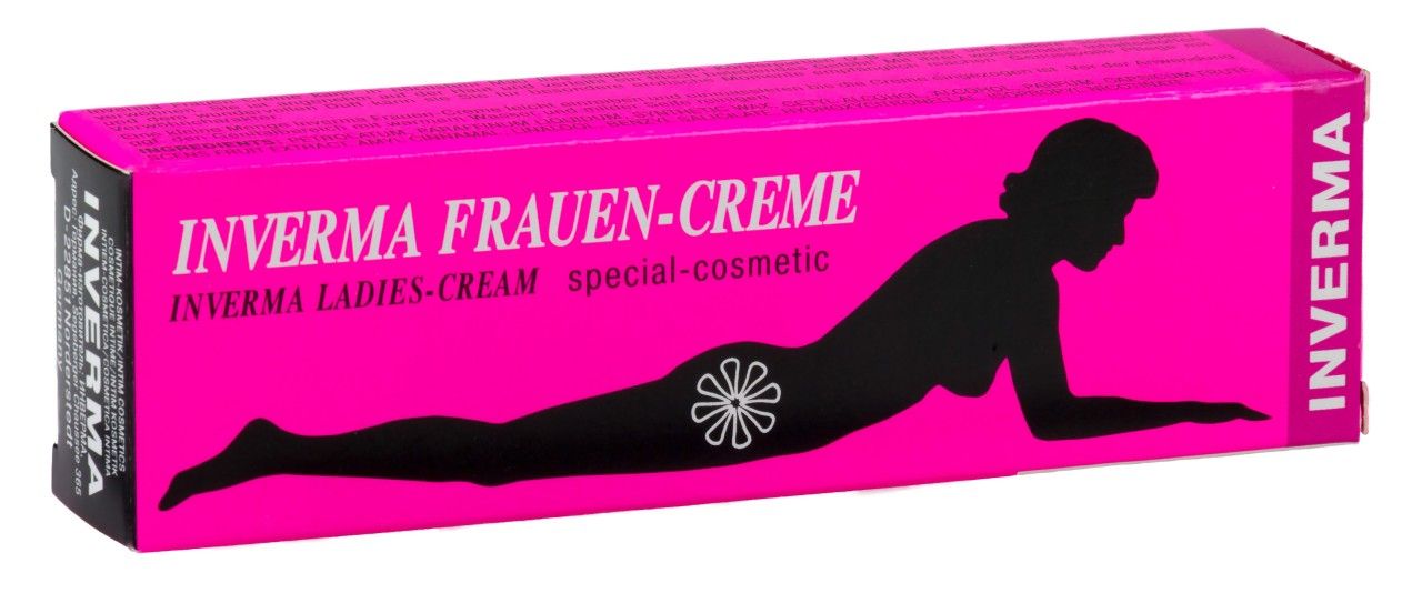 Rosa Schachtel mit schwarzer Silhouette und Schriftzug: Inverma Frauen-creme. Spezialkosmetik.